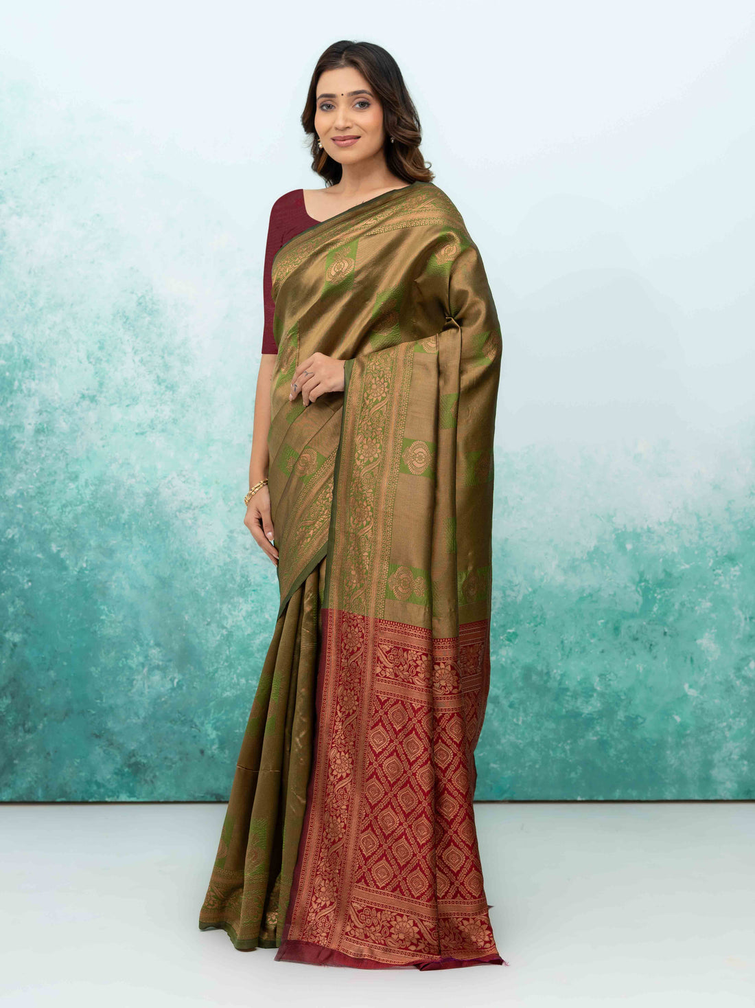 Olive Green &amp; Purple Banarasi Lichi Silk Saree