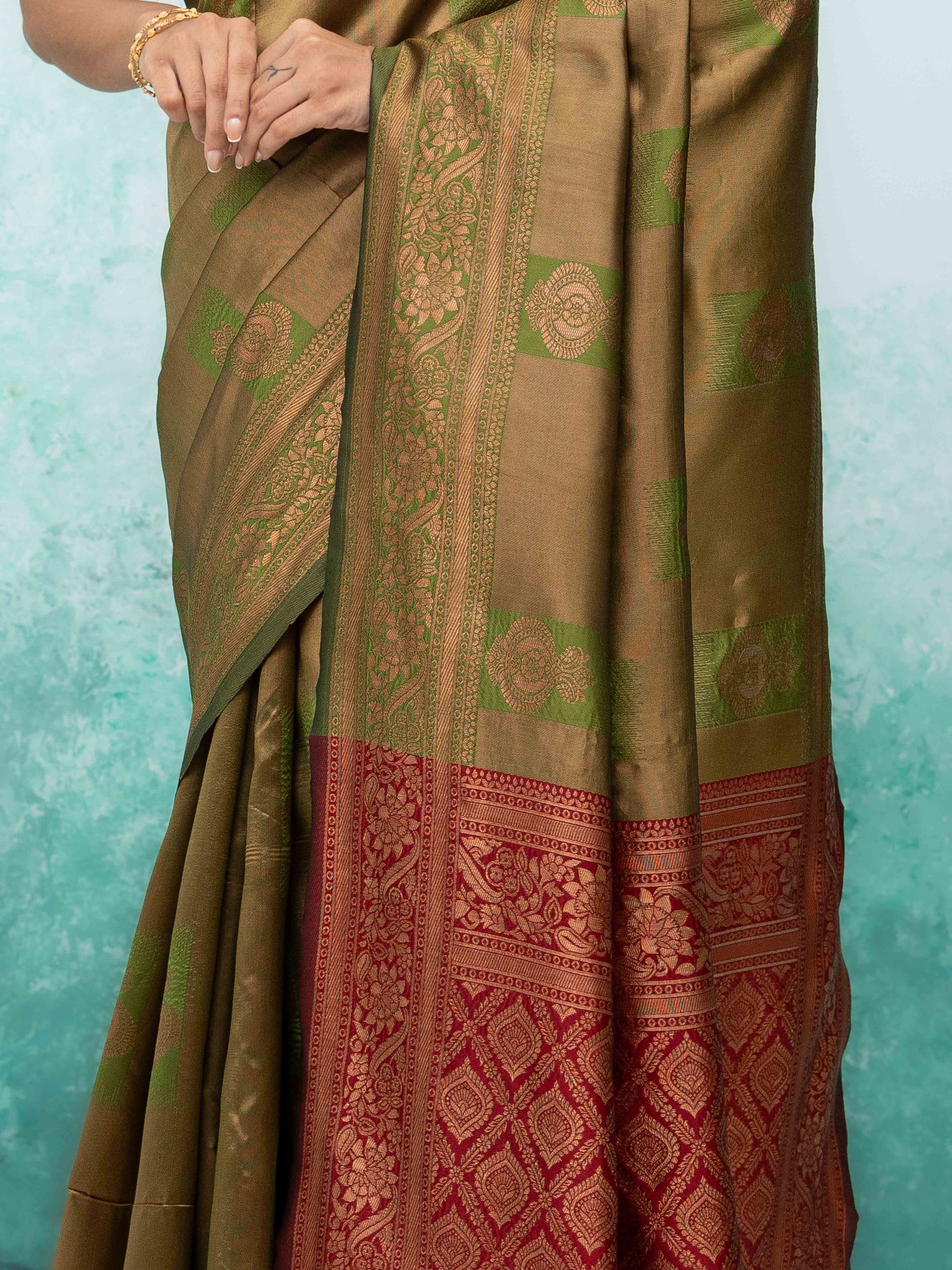Olive Green &amp; Purple Banarasi Lichi Silk Saree