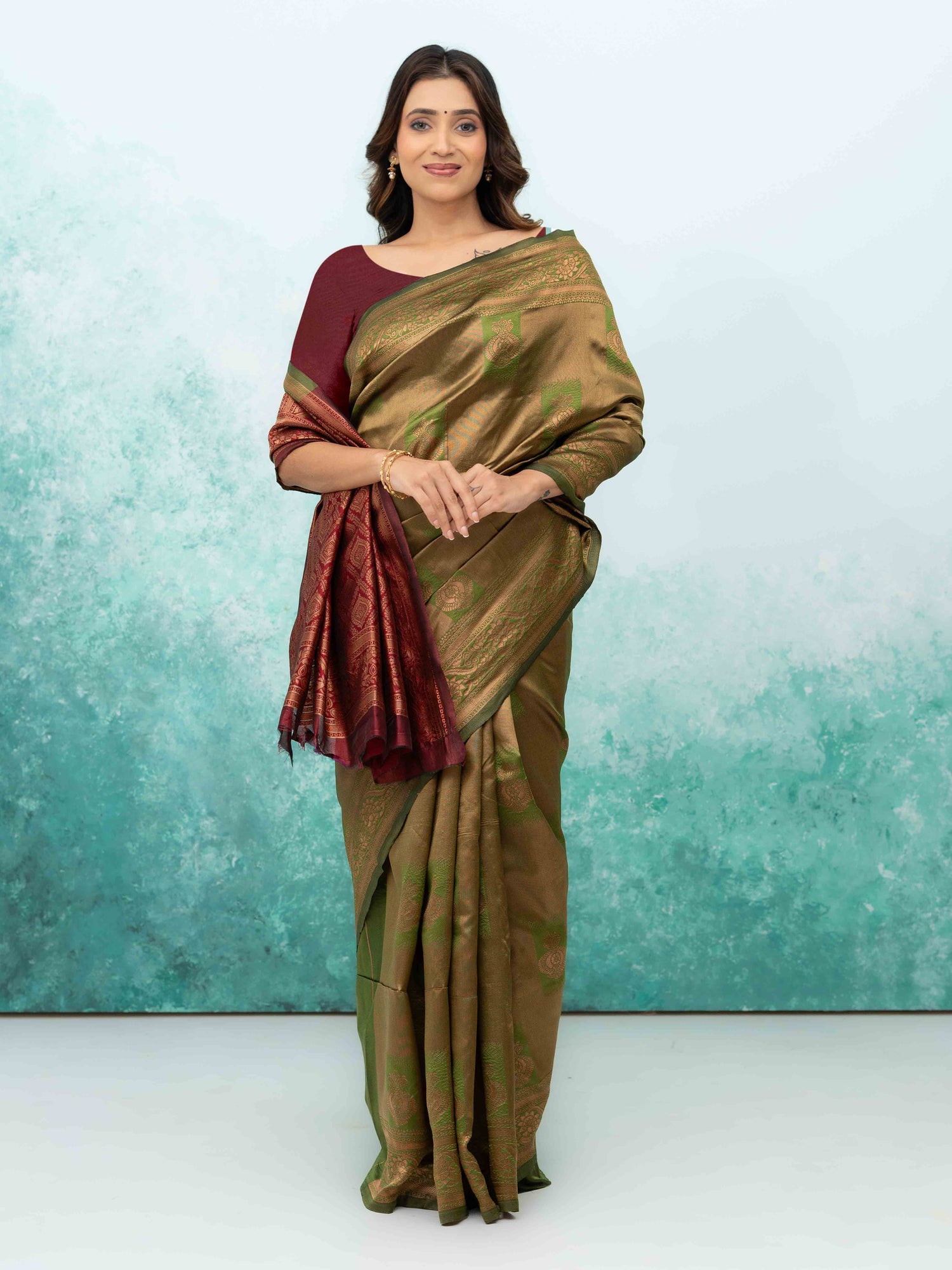 Olive Green &amp; Purple Banarasi Lichi Silk Saree
