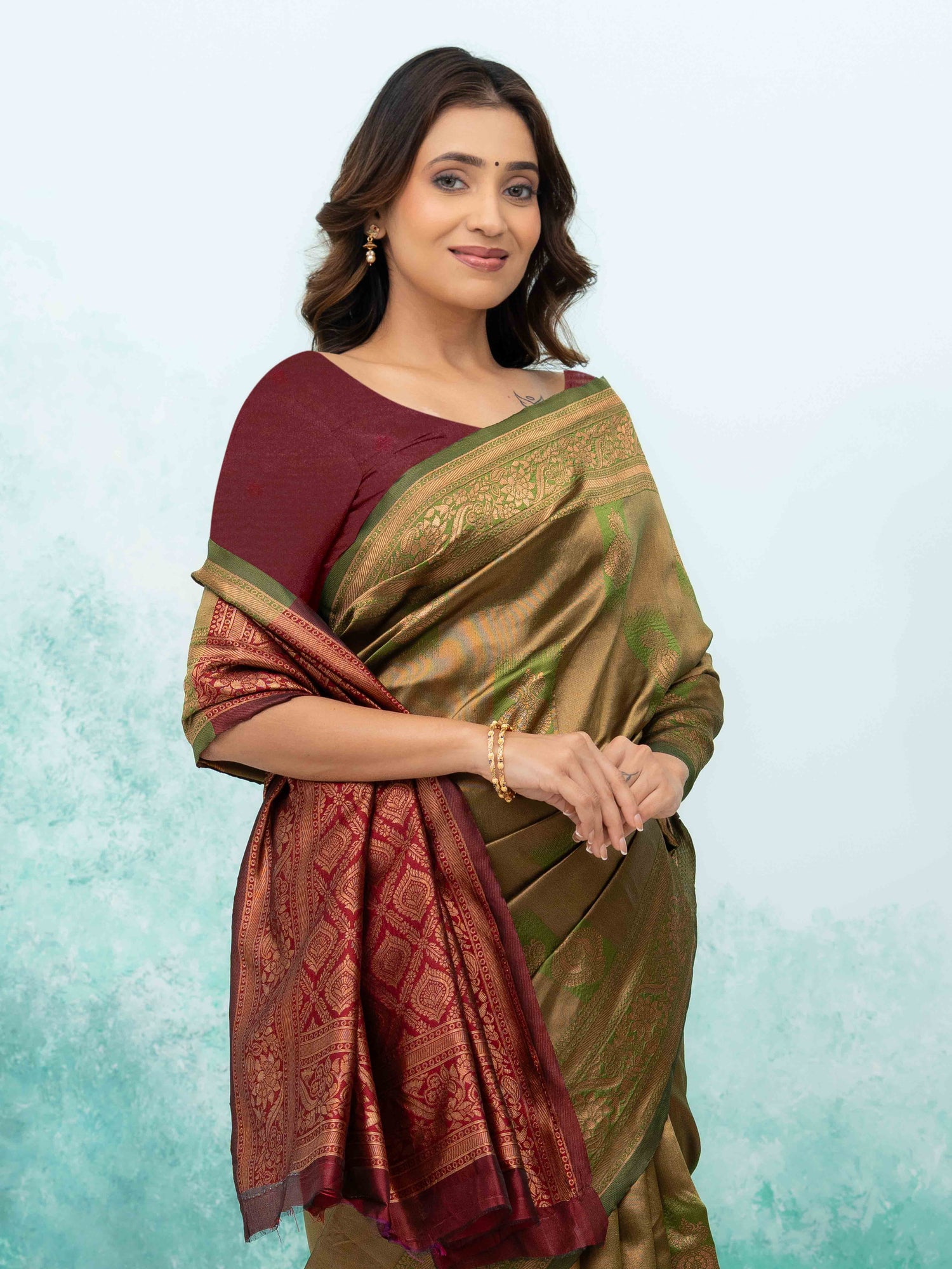 Olive Green &amp; Purple Banarasi Lichi Silk Saree