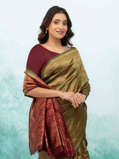 Olive Green &amp; Purple Banarasi Lichi Silk Saree