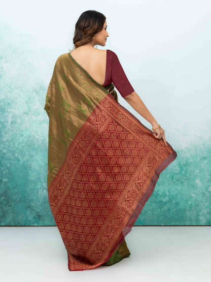 Olive Green &amp; Purple Banarasi Lichi Silk Saree