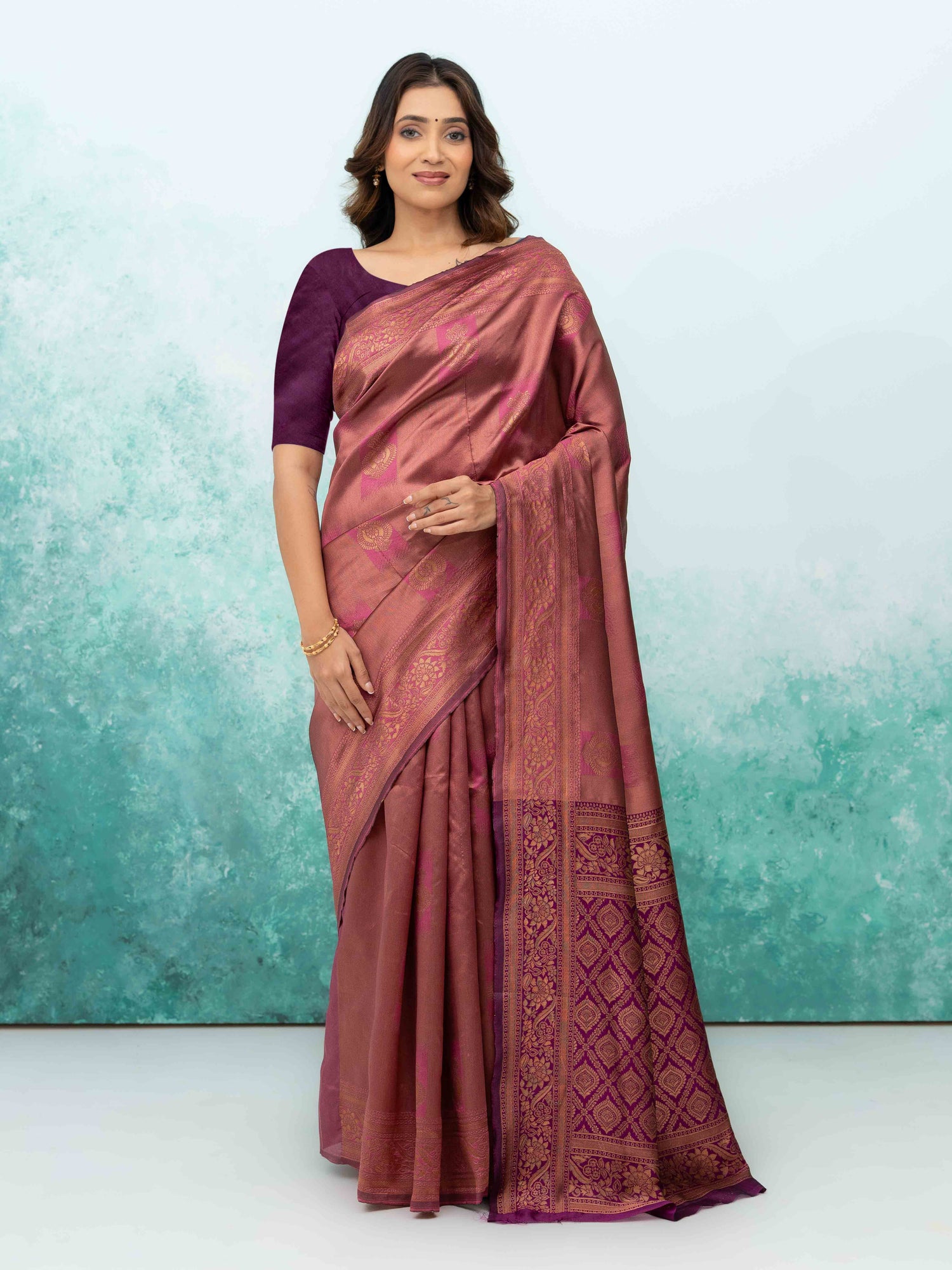 Rose Pink &amp; Purple Banarasi Lichi Silk Saree