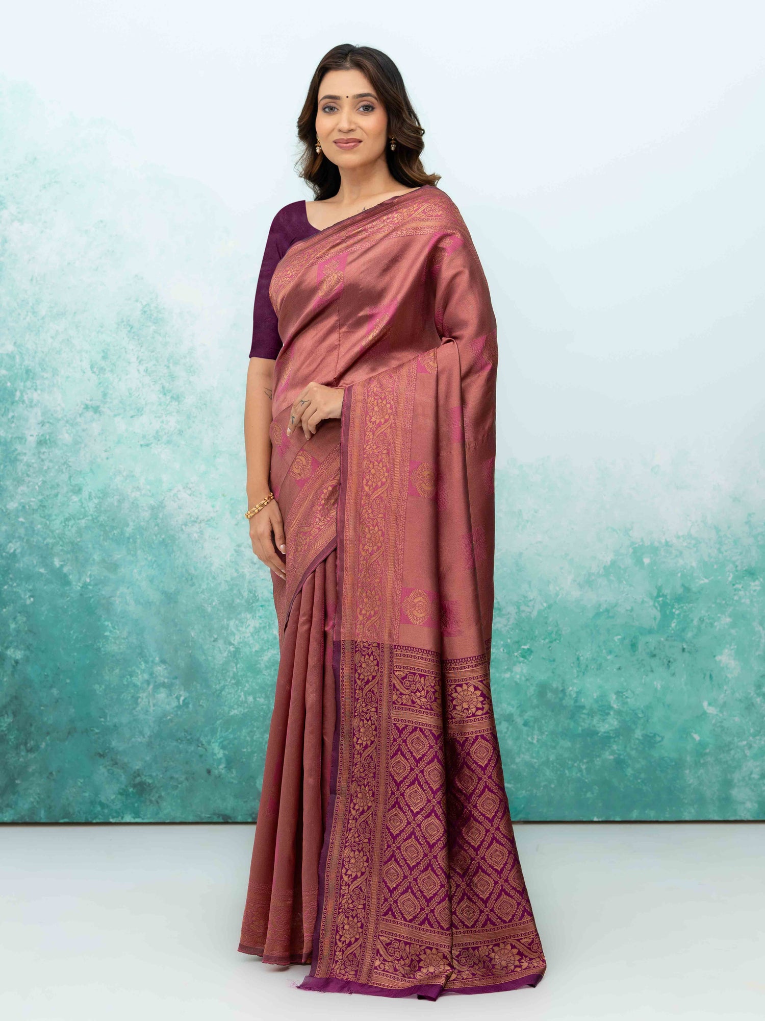 Rose Pink &amp; Purple Banarasi Lichi Silk Saree