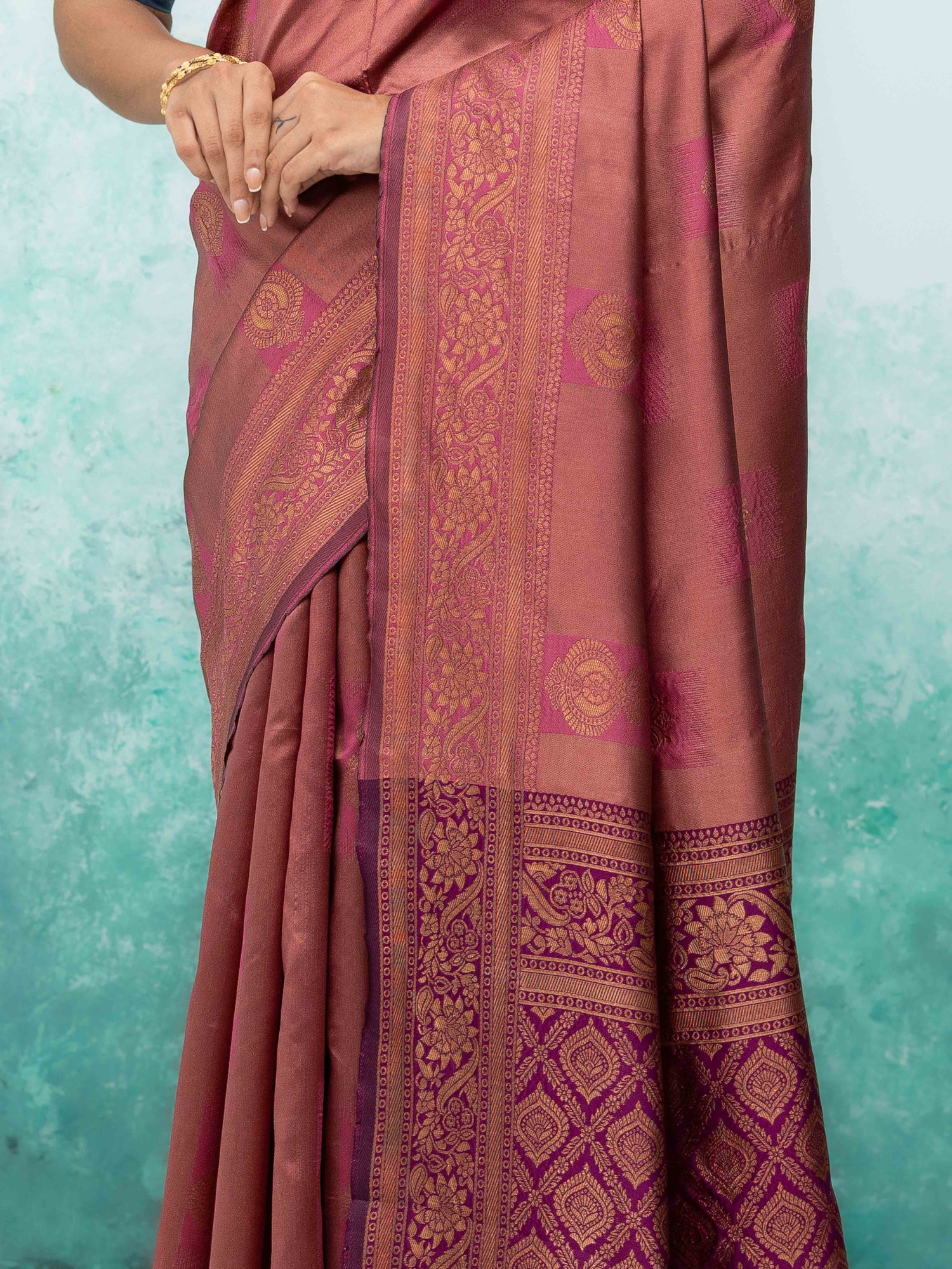 Rose Pink &amp; Purple Banarasi Lichi Silk Saree