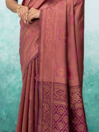 Rose Pink &amp; Purple Banarasi Lichi Silk Saree