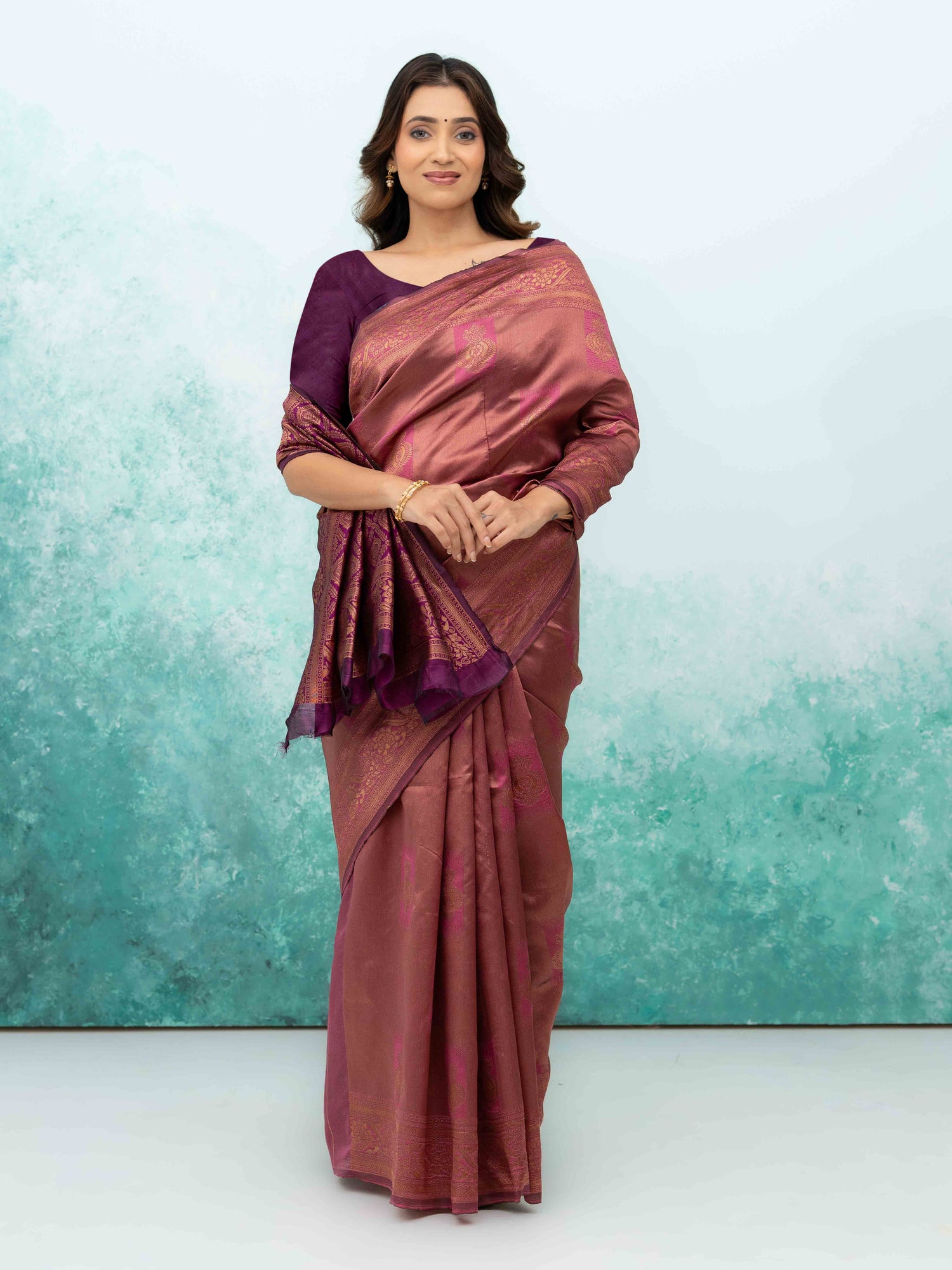 Rose Pink &amp; Purple Banarasi Lichi Silk Saree