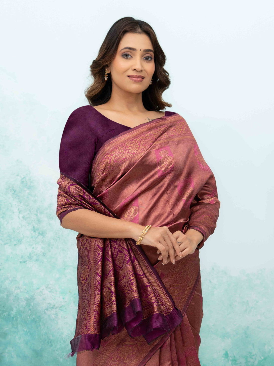 Rose Pink &amp; Purple Banarasi Lichi Silk Saree