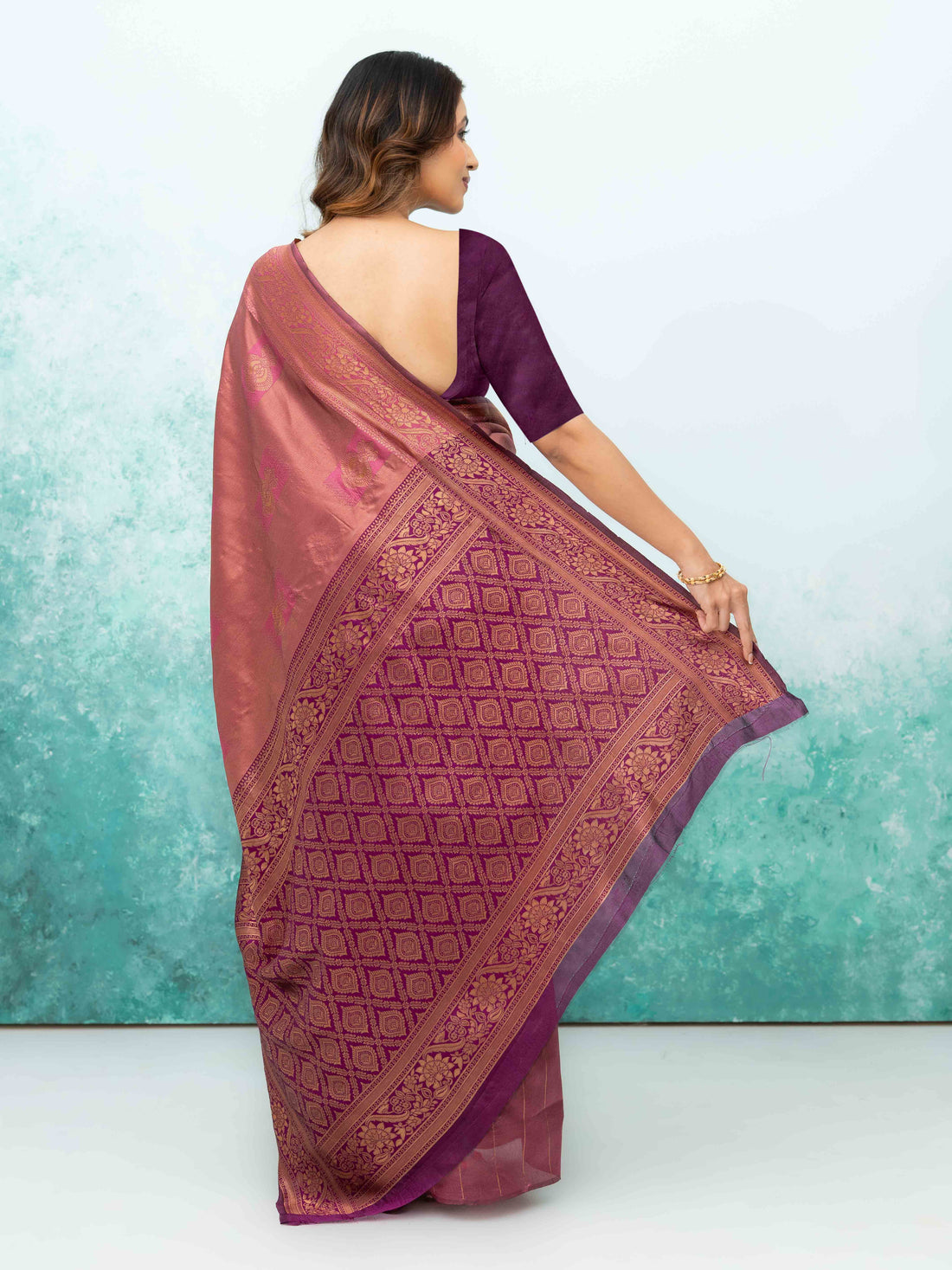 Rose Pink &amp; Purple Banarasi Lichi Silk Saree