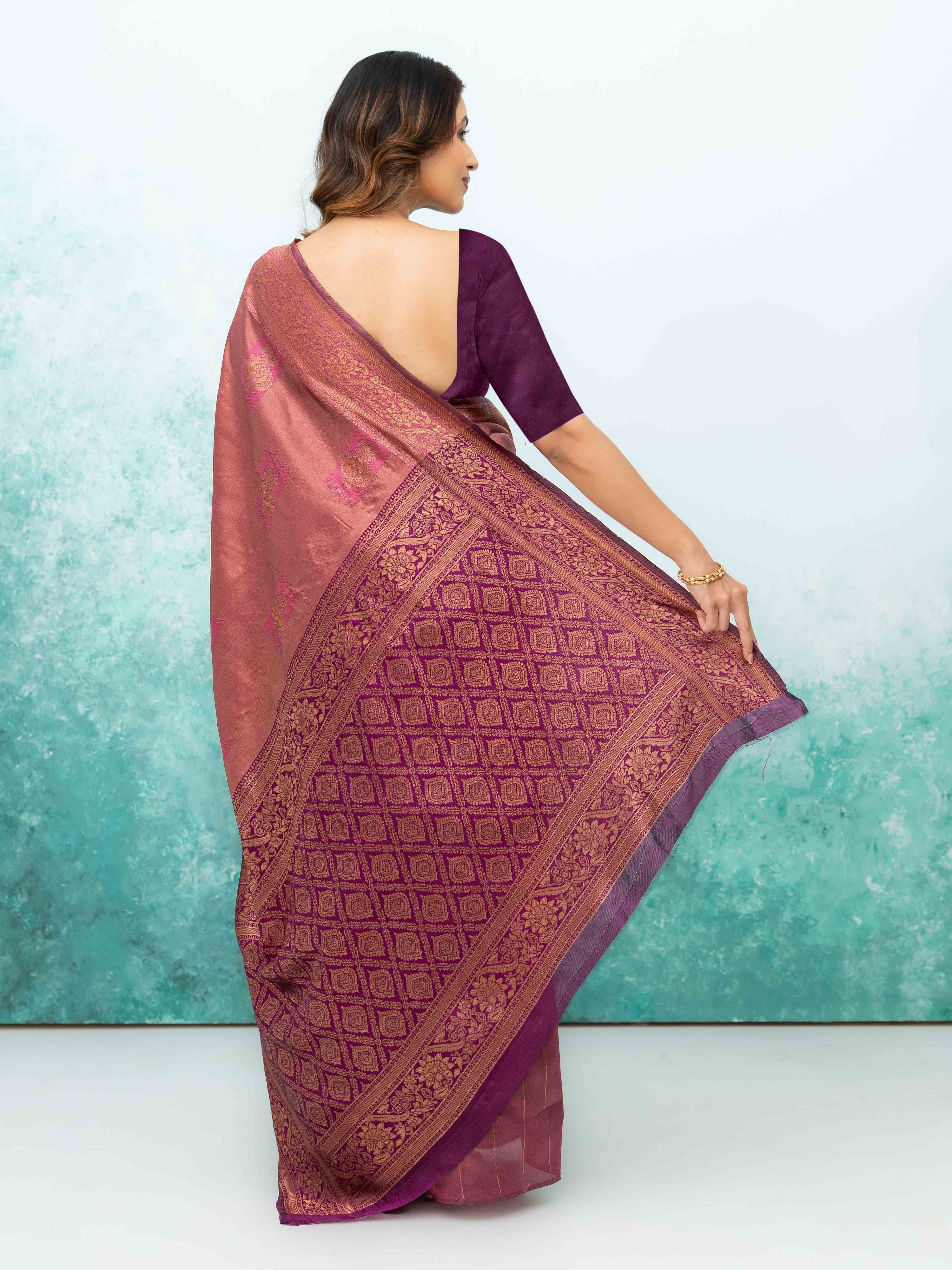 Rose Pink &amp; Purple Banarasi Lichi Silk Saree