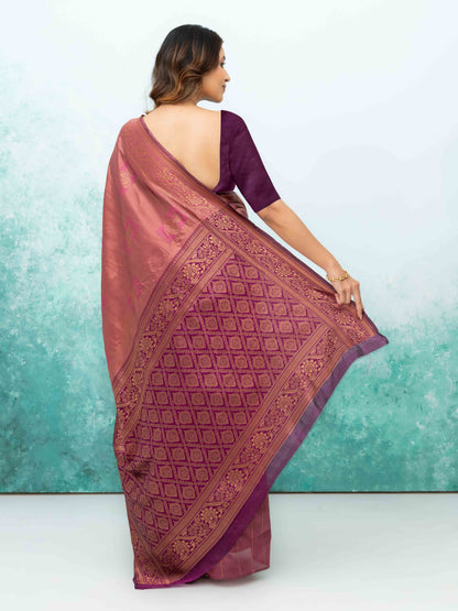 Rose Pink &amp; Purple Banarasi Lichi Silk Saree