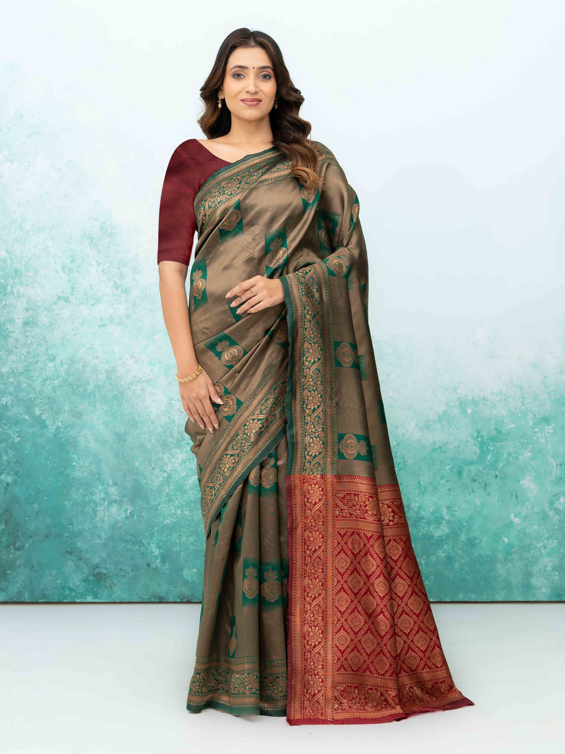 Green &amp; Red Banarasi Lichi Silk Saree