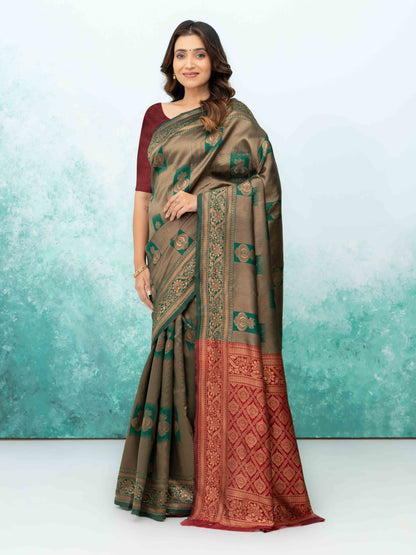 Green &amp; Red Banarasi Lichi Silk Saree