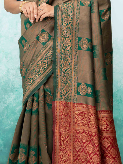 Green &amp; Red Banarasi Lichi Silk Saree
