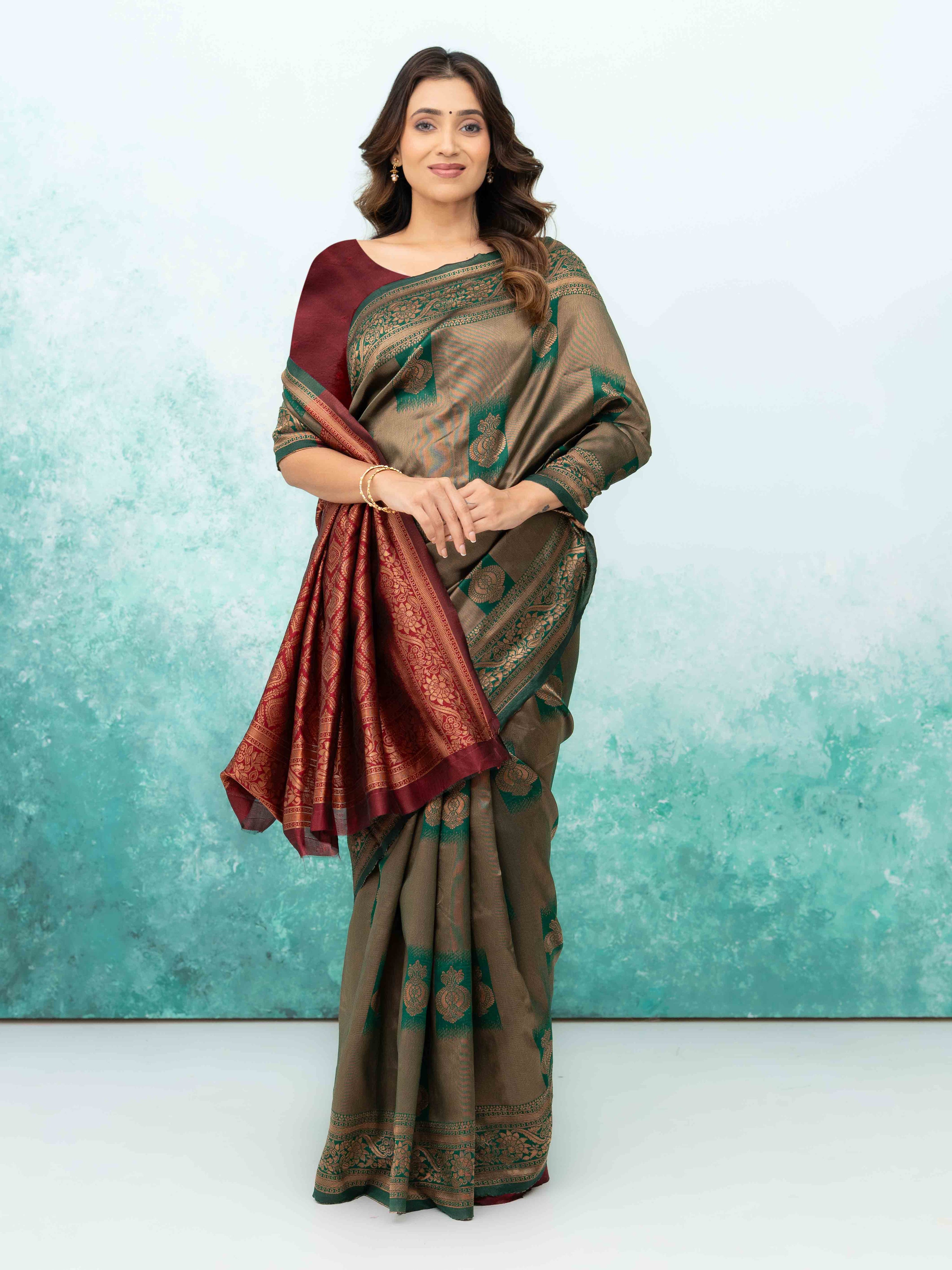 Green &amp; Red Banarasi Lichi Silk Saree