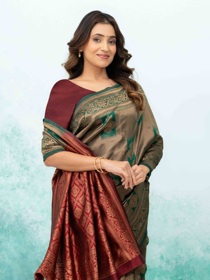 Green &amp; Red Banarasi Lichi Silk Saree