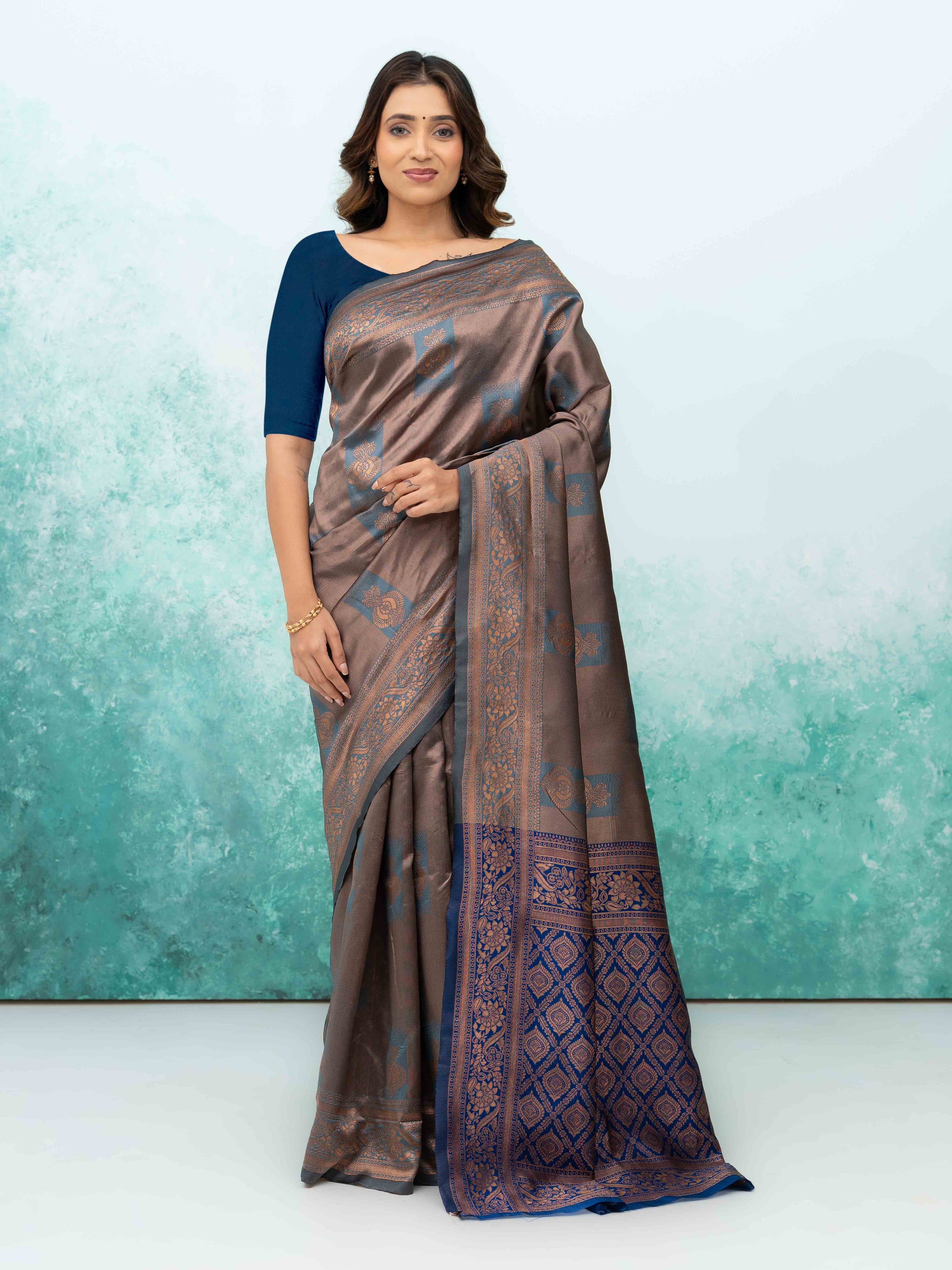 Teal Blue Banarasi Lichi Silk Saree