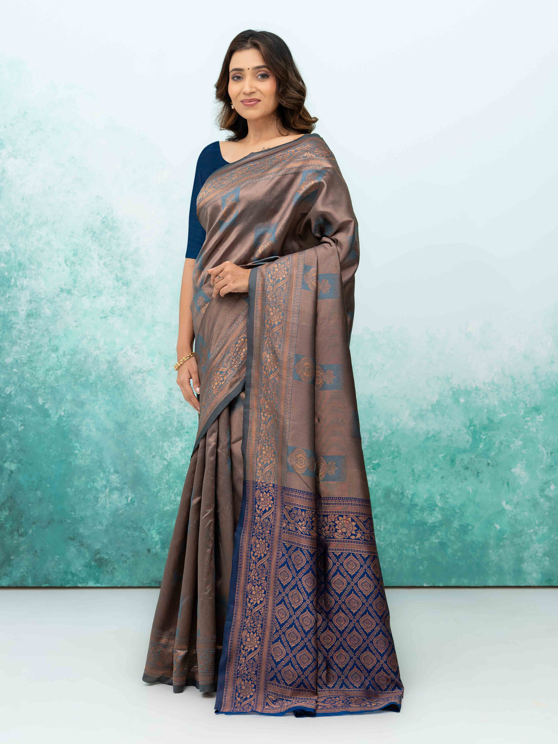 Teal Blue Banarasi Lichi Silk Saree