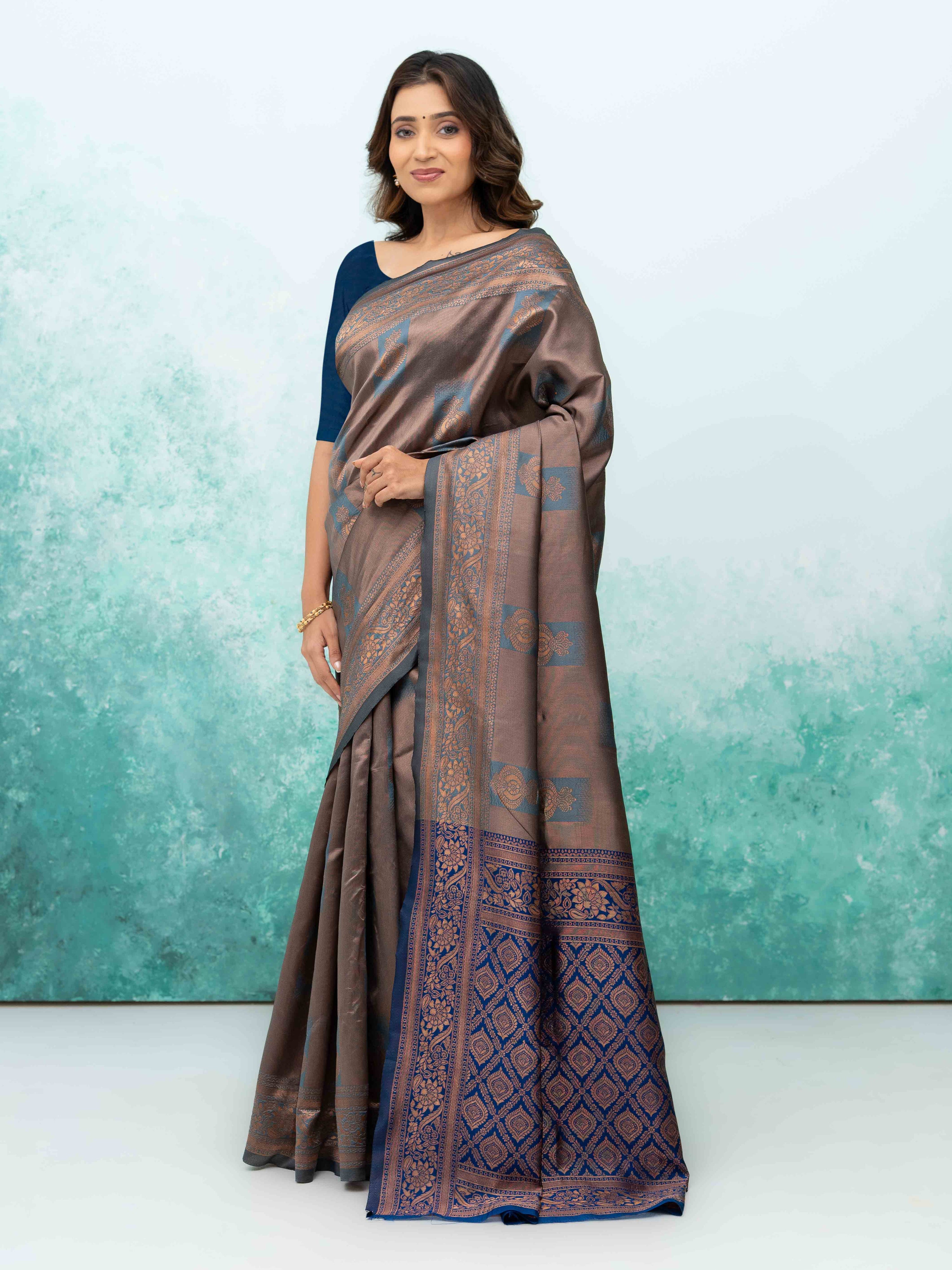 Teal Blue Banarasi Lichi Silk Saree