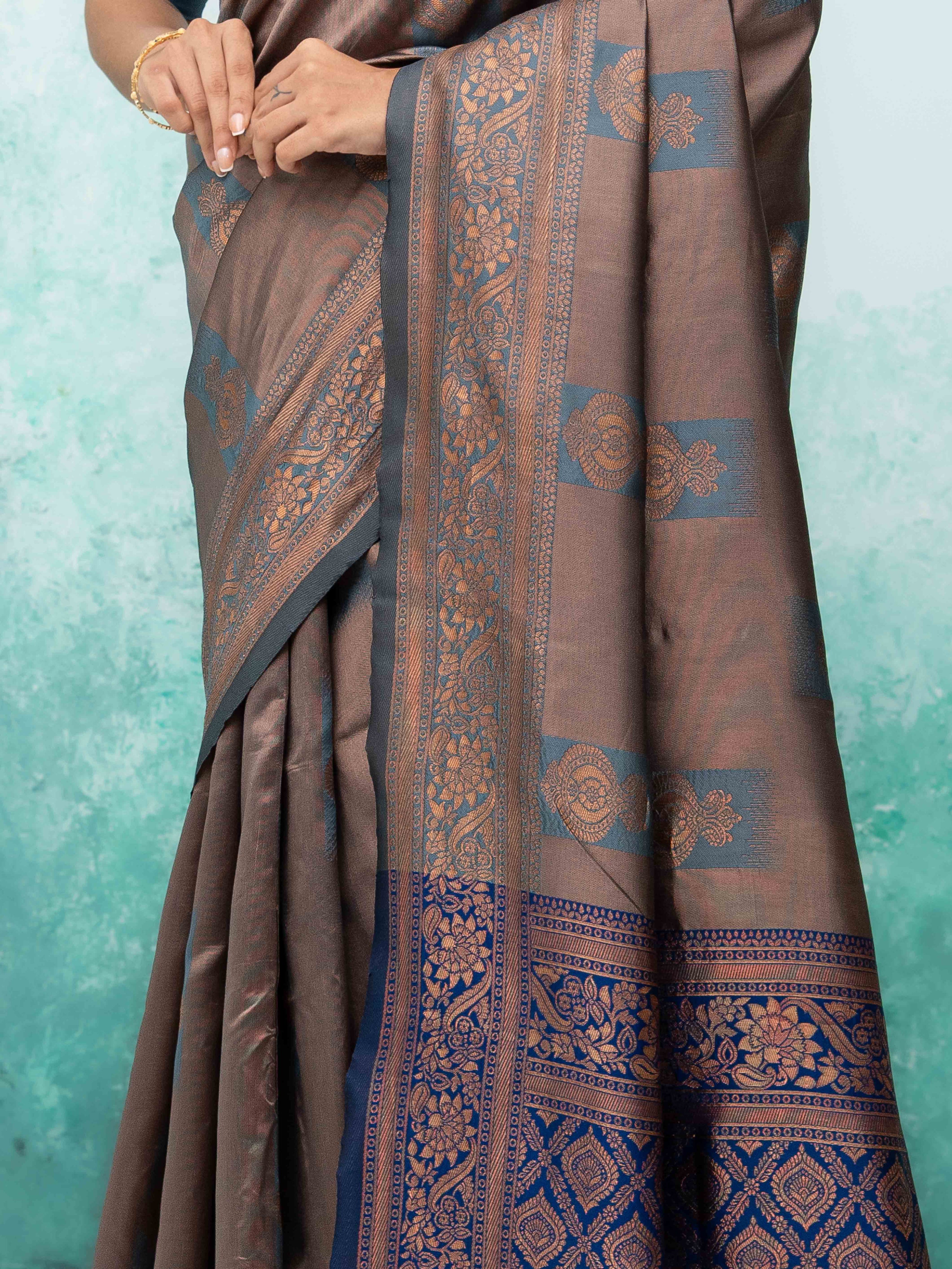 Teal Blue Banarasi Lichi Silk Saree