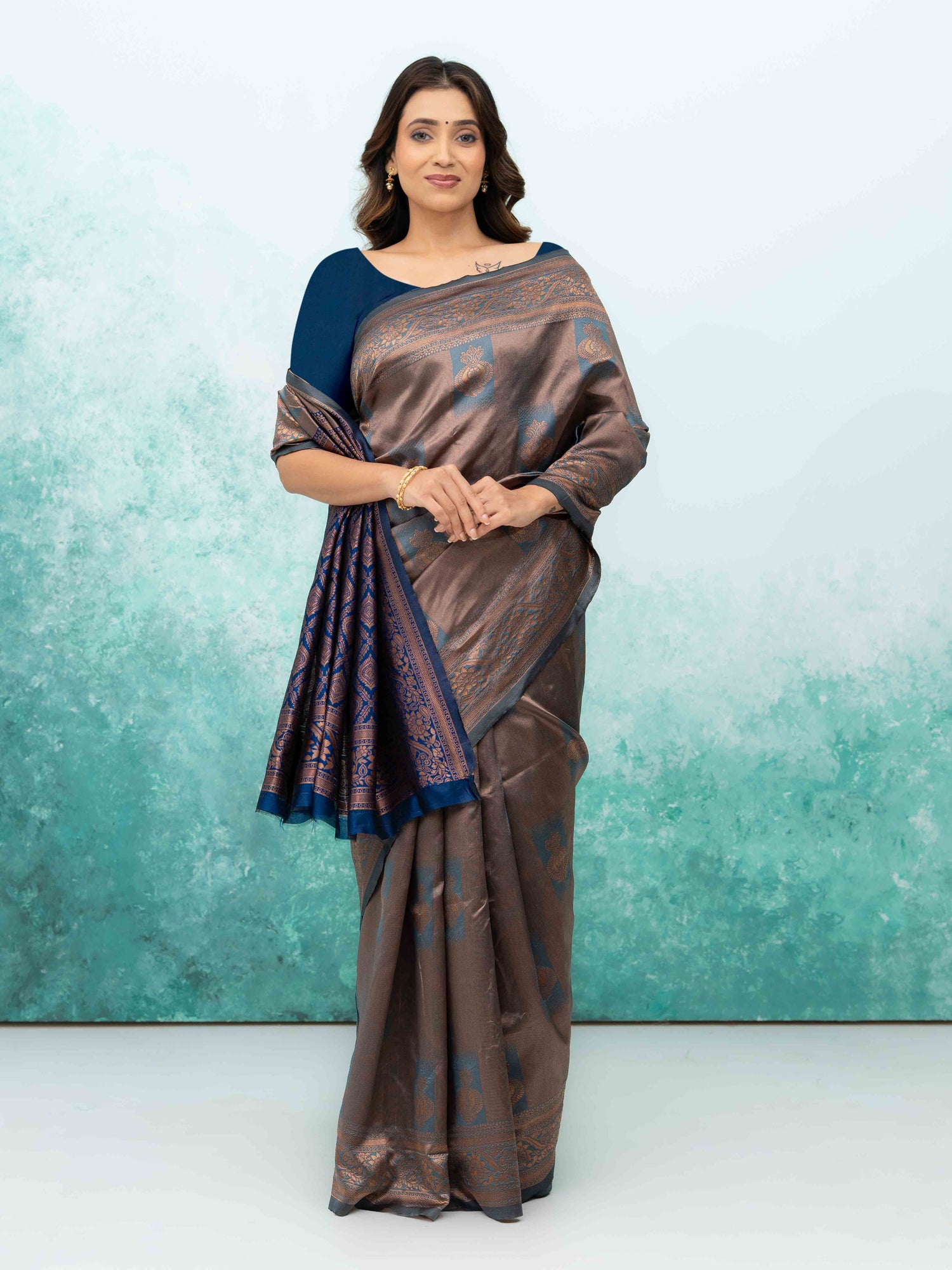 Teal Blue Banarasi Lichi Silk Saree