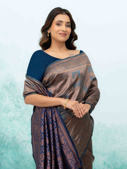 Teal Blue Banarasi Lichi Silk Saree