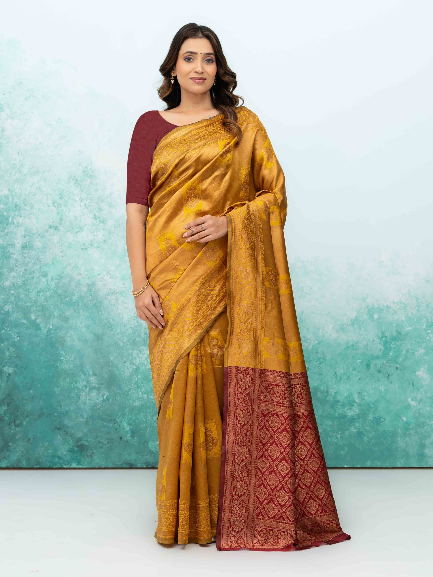 Yellow &amp; Maroon Banarasi Lichi Silk Saree