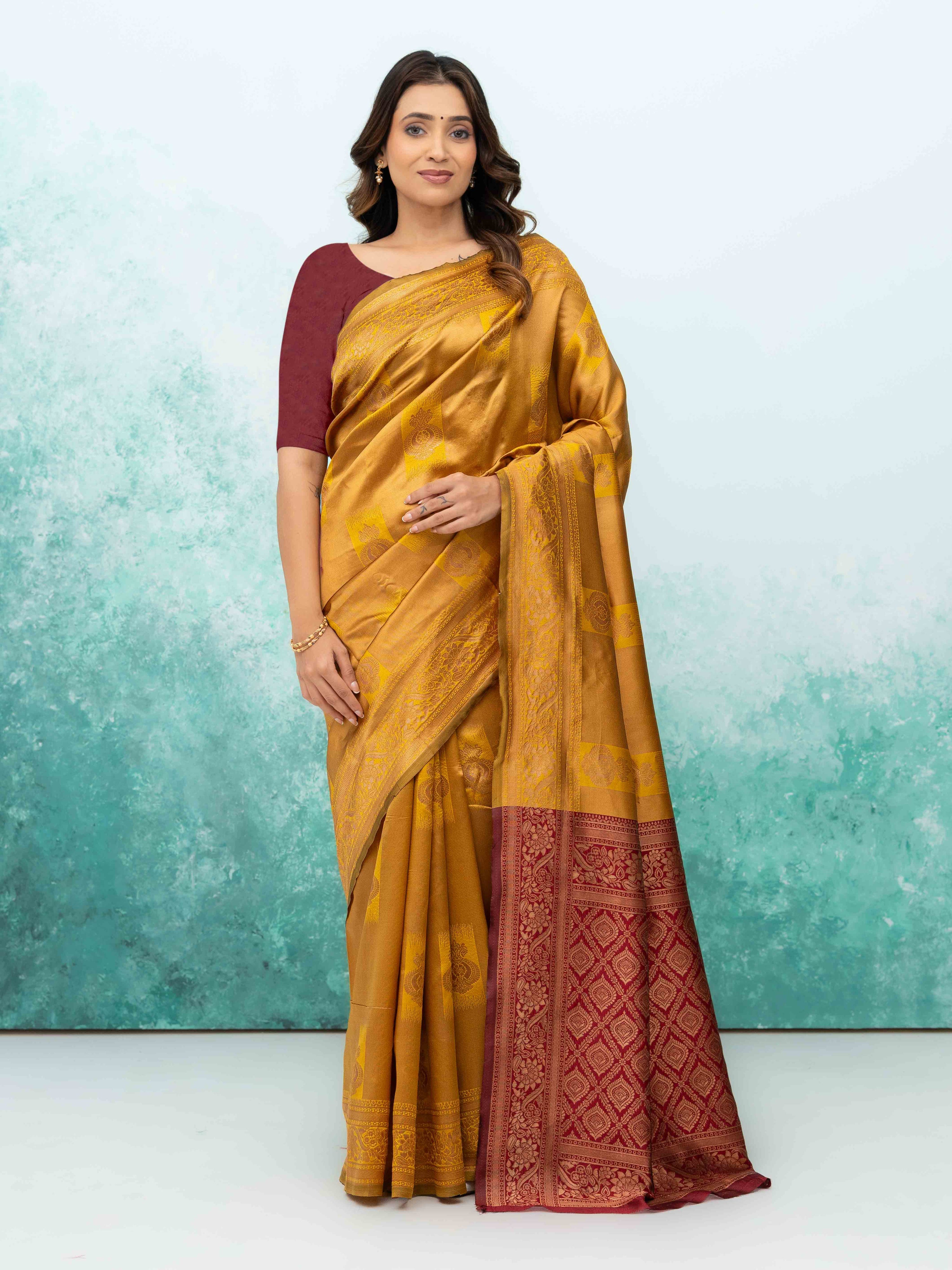 Yellow &amp; Maroon Banarasi Lichi Silk Saree