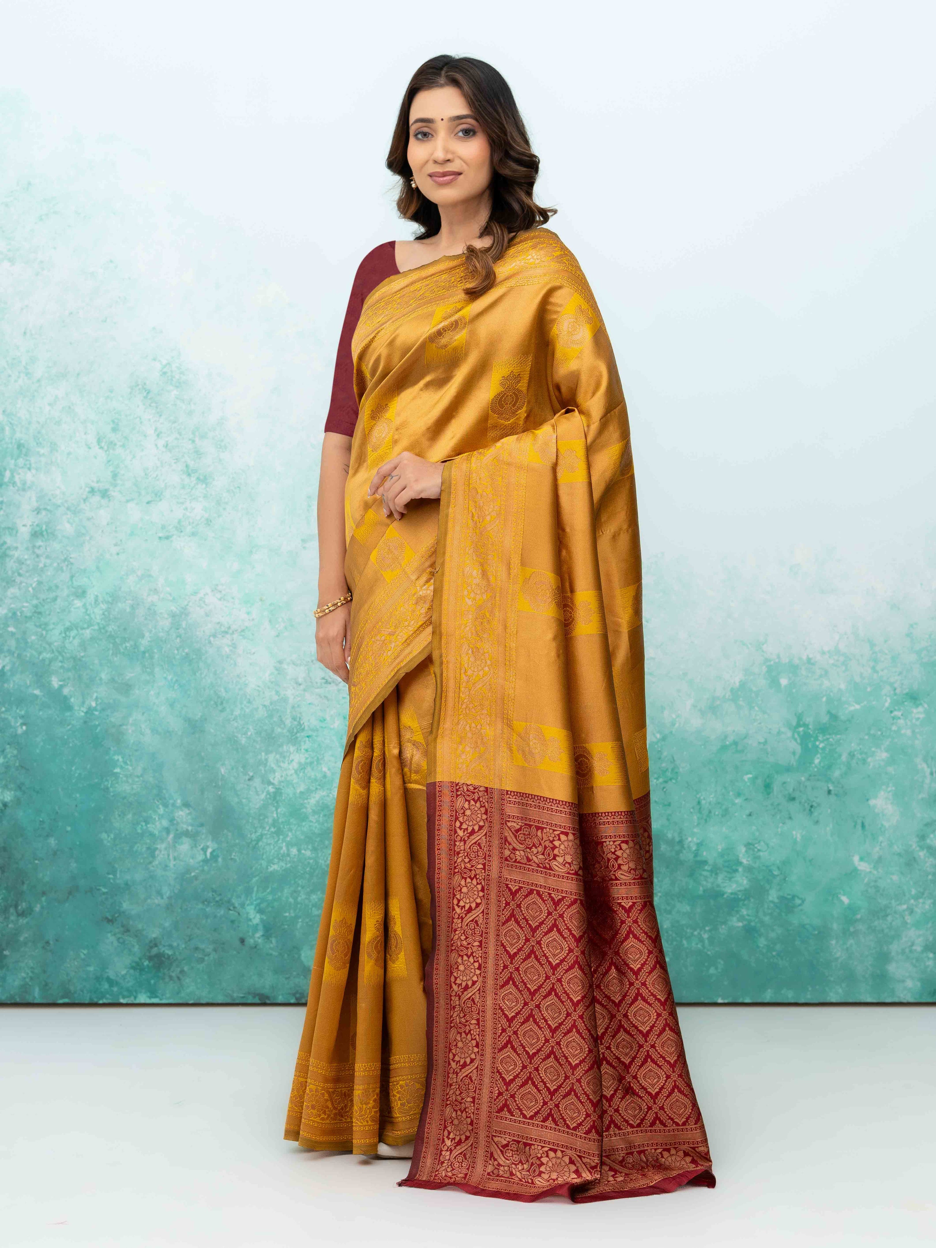 Yellow &amp; Maroon Banarasi Lichi Silk Saree