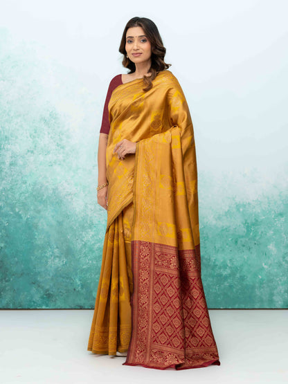 Yellow &amp; Maroon Banarasi Lichi Silk Saree