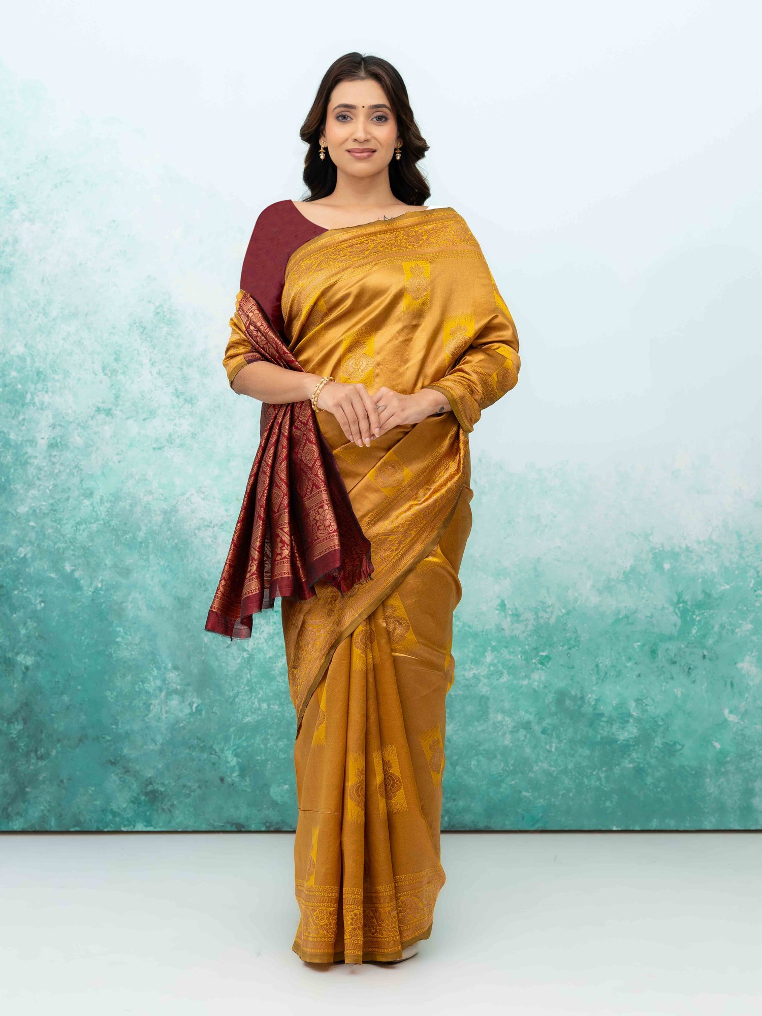 Yellow &amp; Maroon Banarasi Lichi Silk Saree