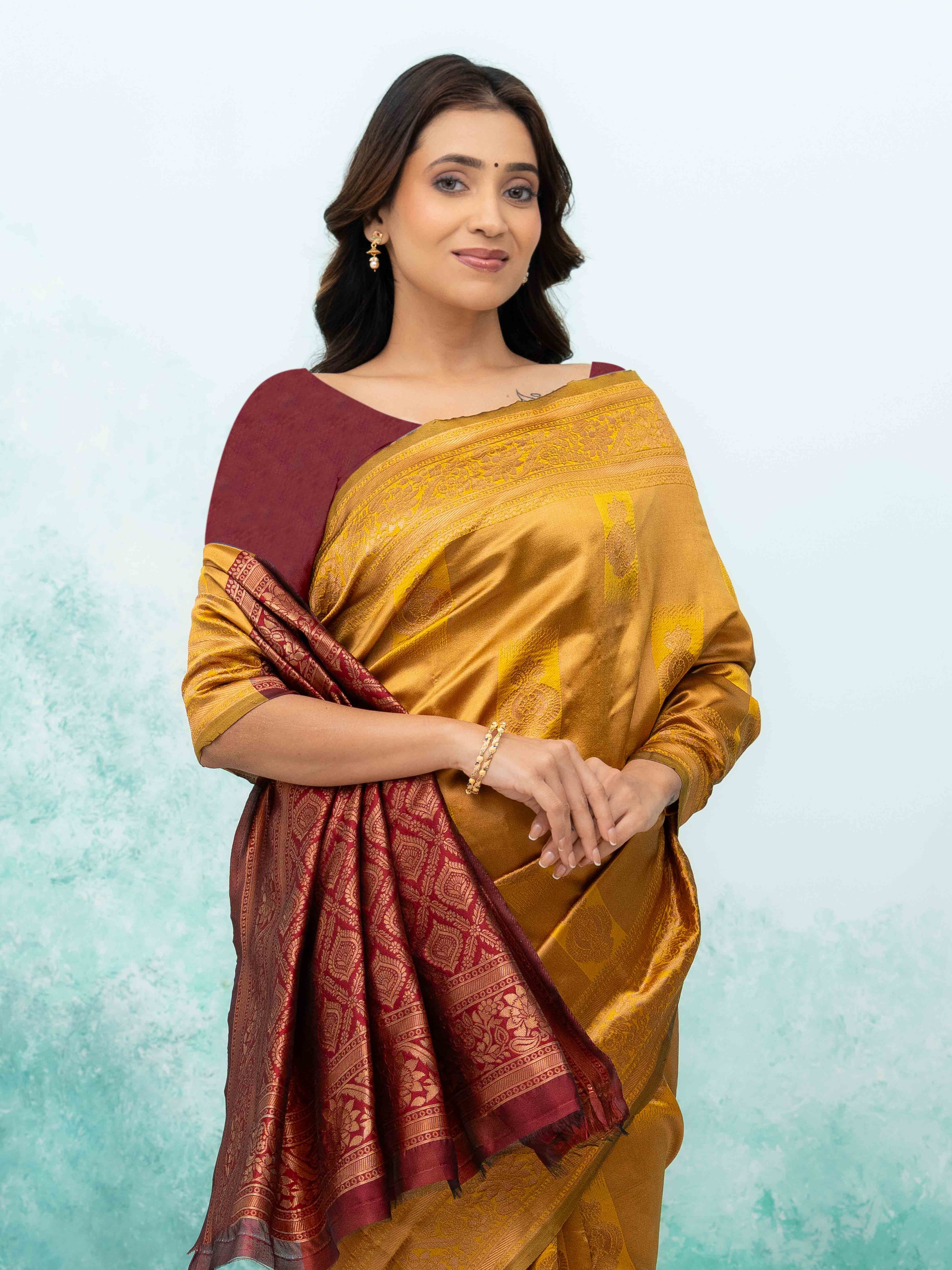 Yellow &amp; Maroon Banarasi Lichi Silk Saree