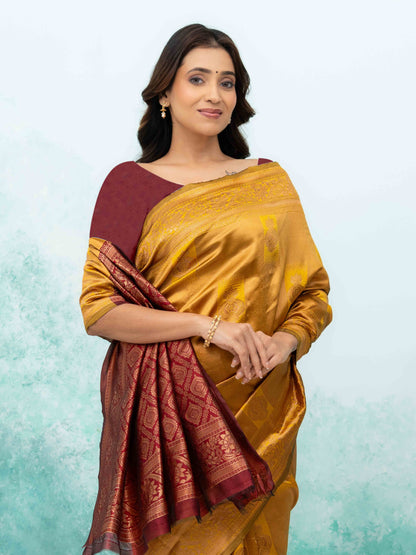 Yellow &amp; Maroon Banarasi Lichi Silk Saree