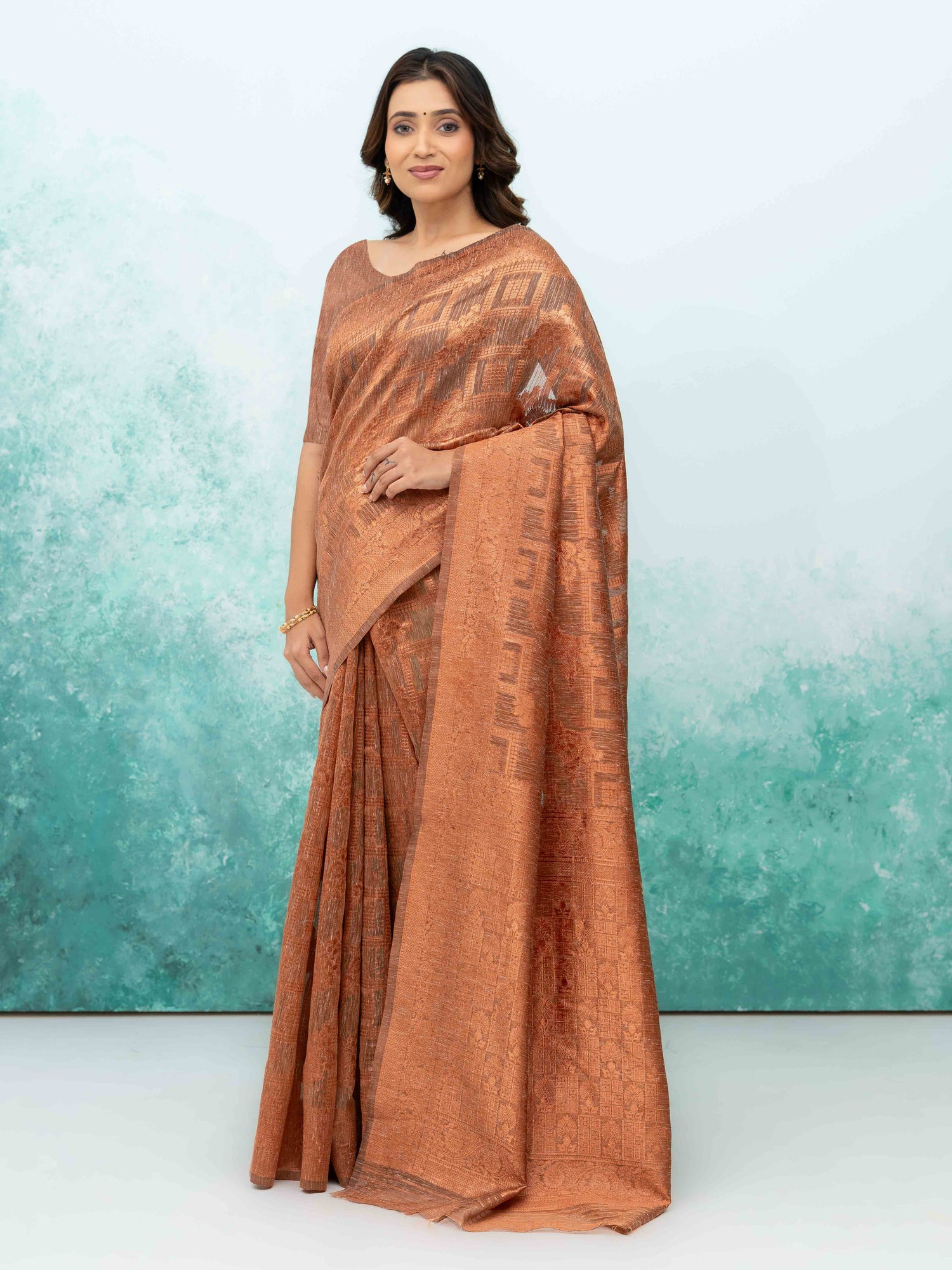 Rust Brown Poly Cotton Saree