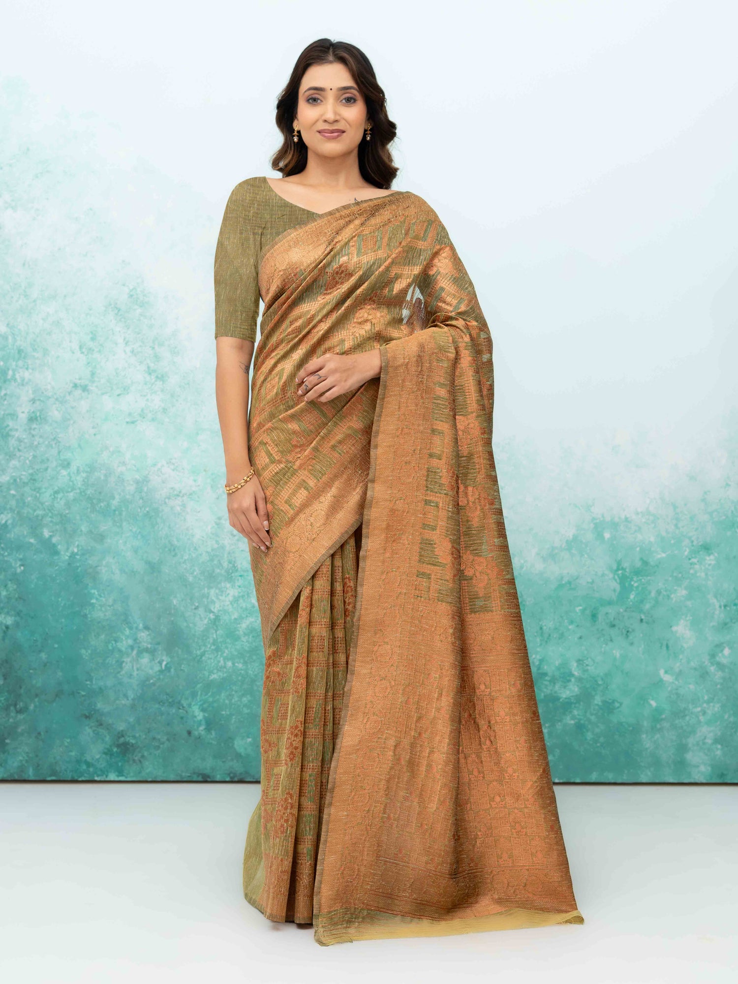 Olive Green Poly Cotton Saree
