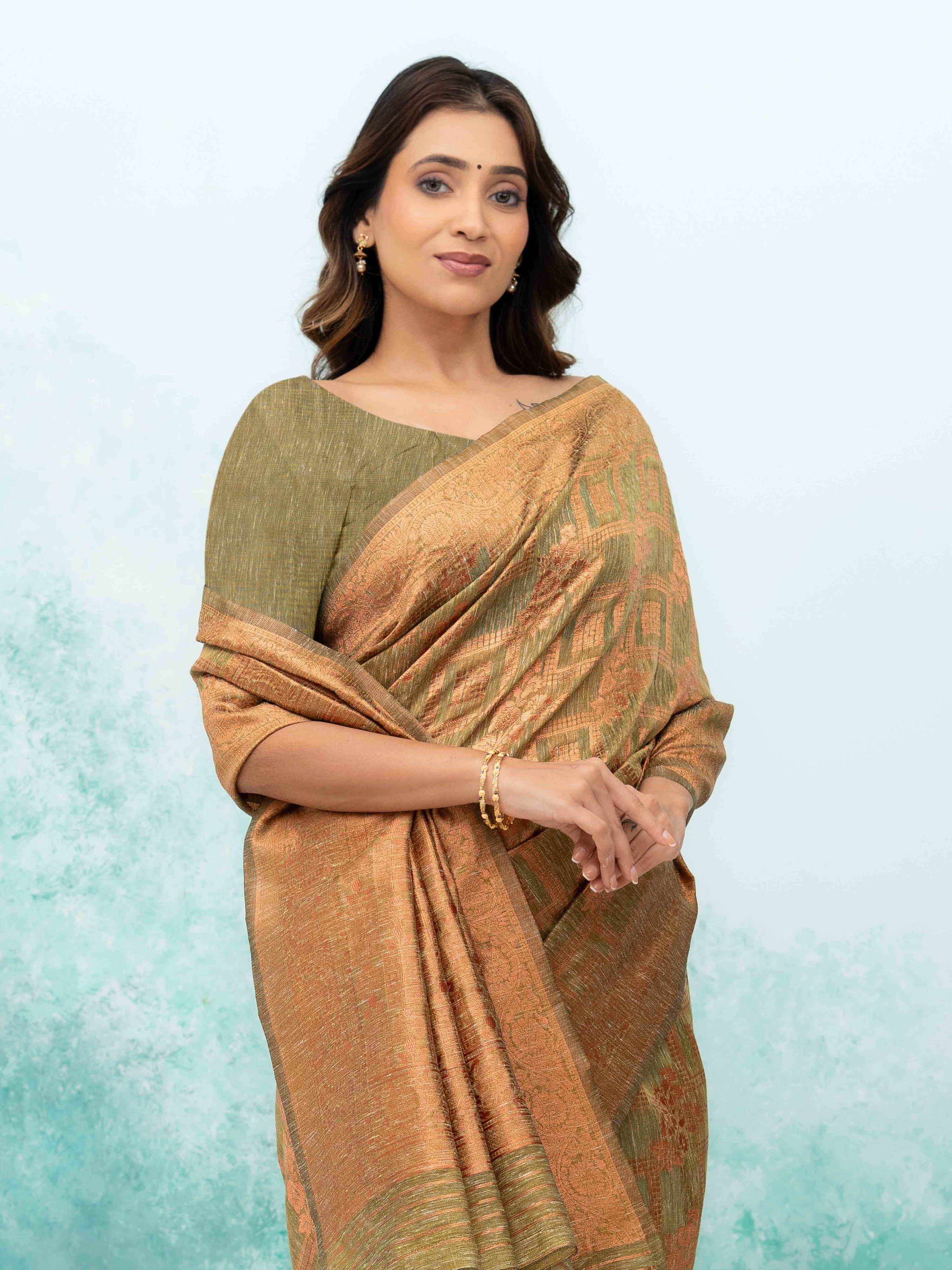 Olive Green Poly Cotton Saree