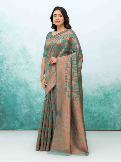 Teal Blue Poly Cotton Saree