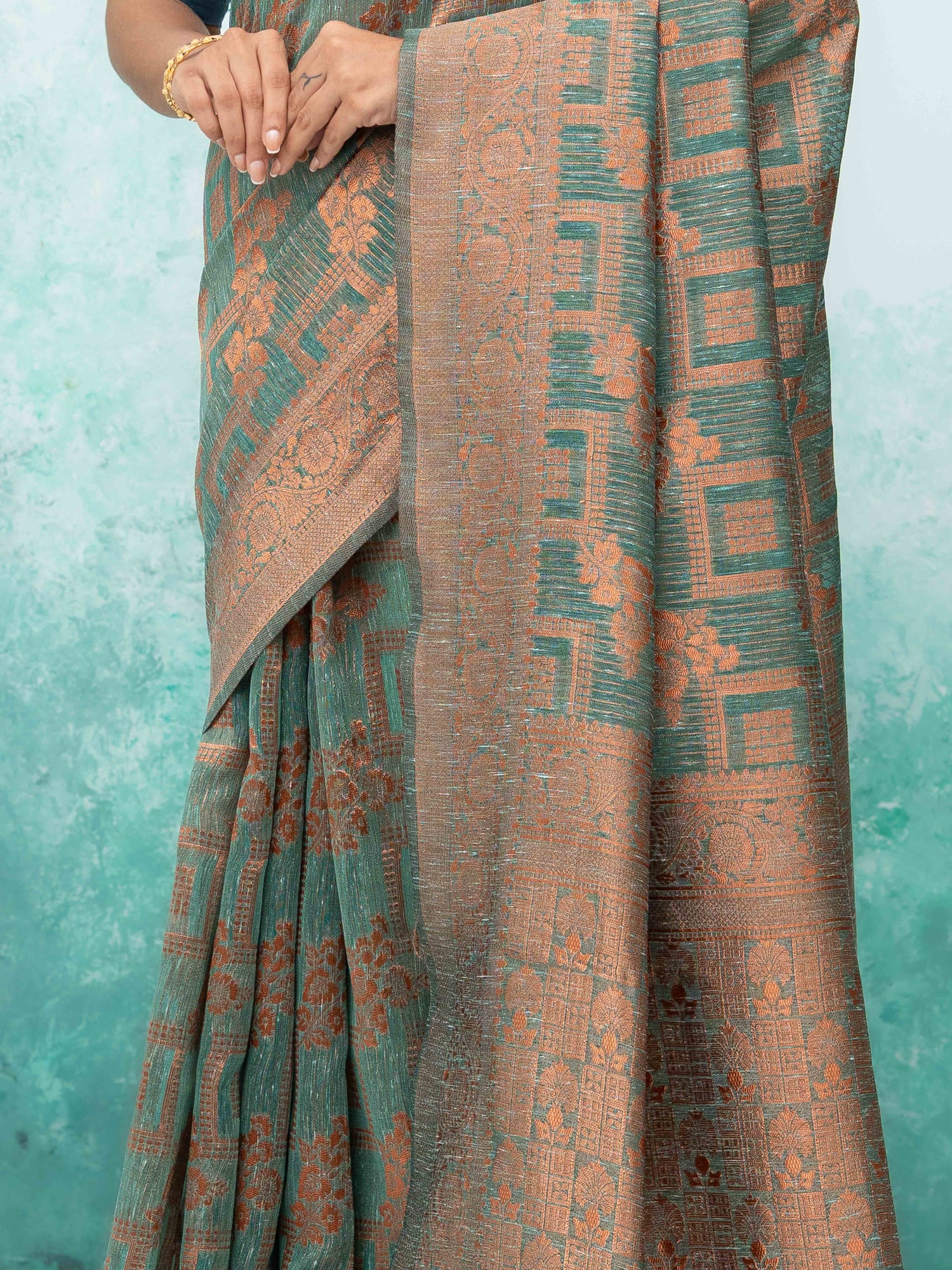 Teal Blue Poly Cotton Saree
