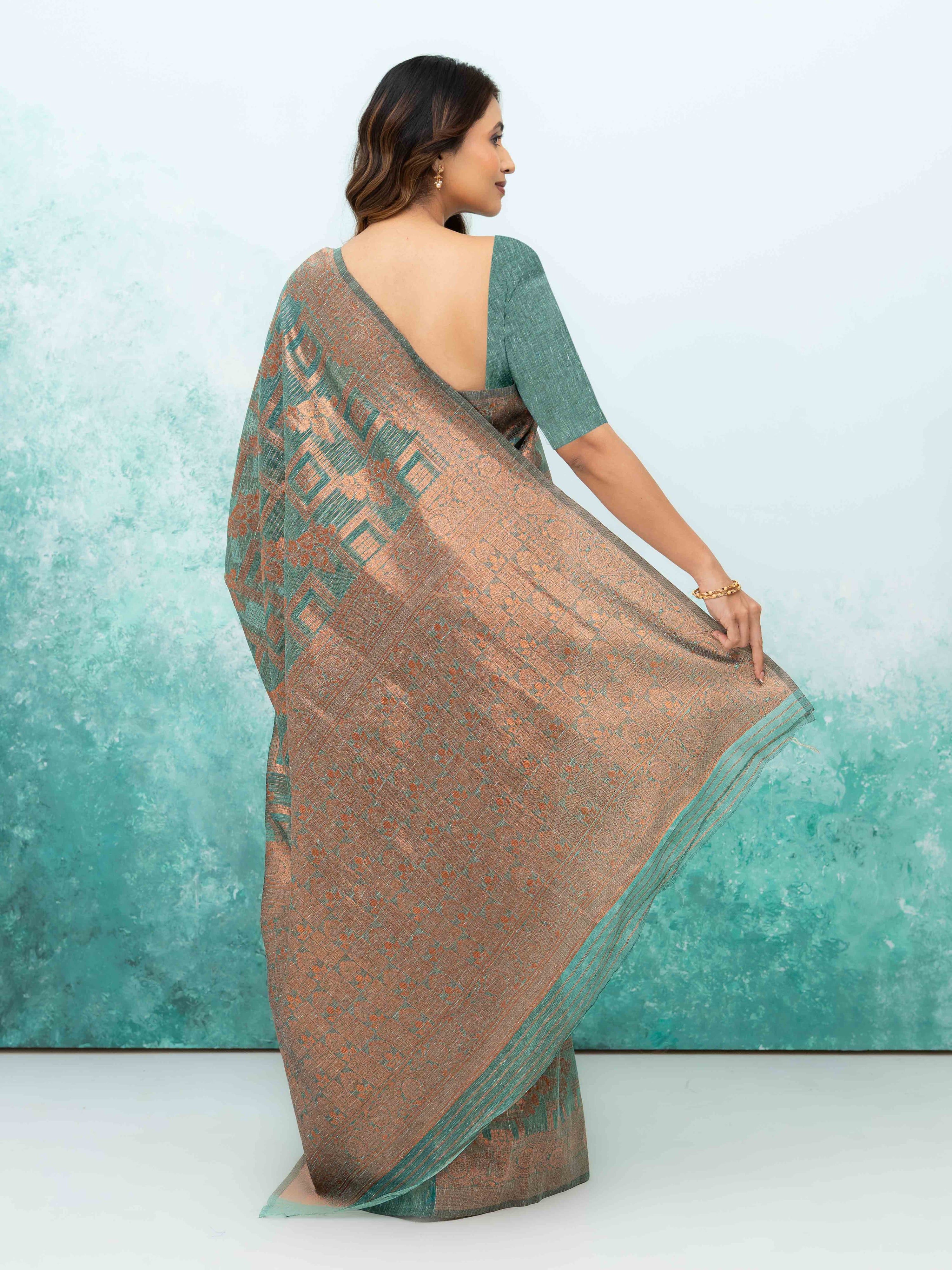 Teal Blue Poly Cotton Saree