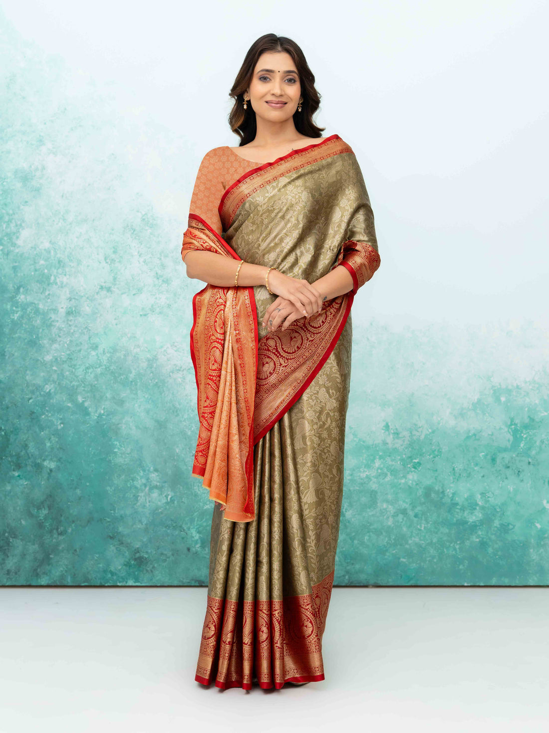 Olive Green &amp; Red Banarasi Lichi Silk Saree