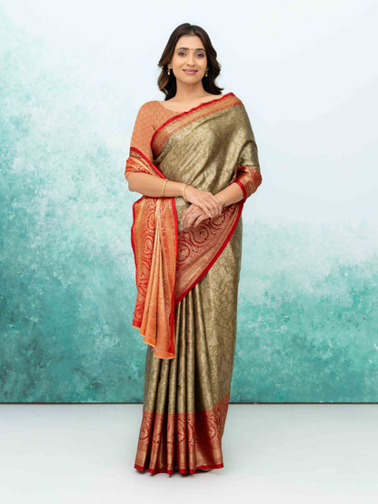 Olive Green &amp; Red Banarasi Lichi Silk Saree