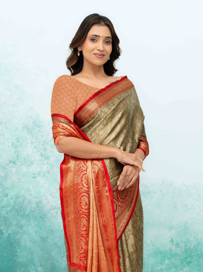 Olive Green &amp; Red Banarasi Lichi Silk Saree