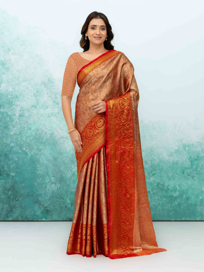 Light Orange &amp; Red Banarasi Lichi Silk Saree