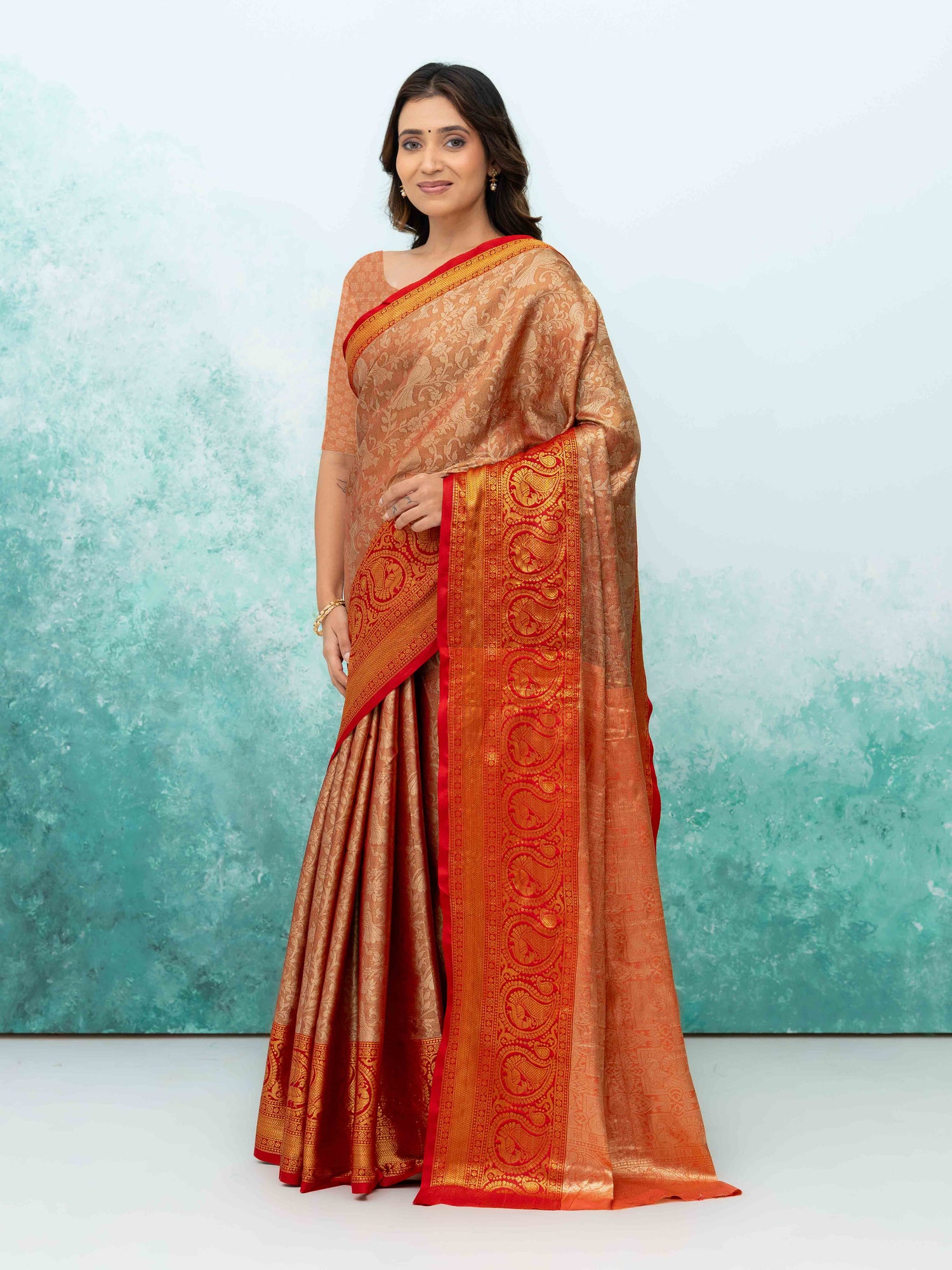 Light Orange &amp; Red Banarasi Lichi Silk Saree