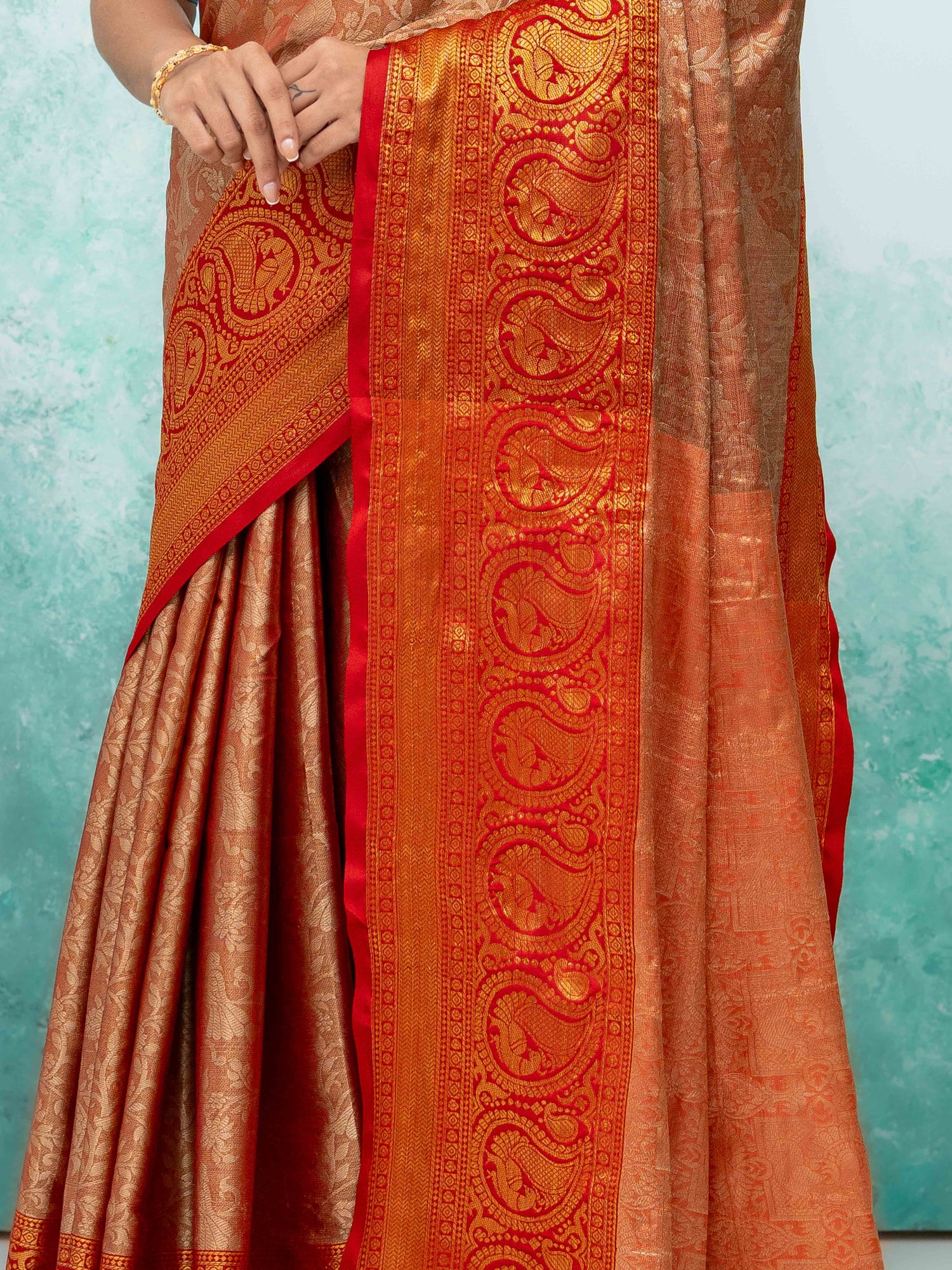 Light Orange &amp; Red Banarasi Lichi Silk Saree