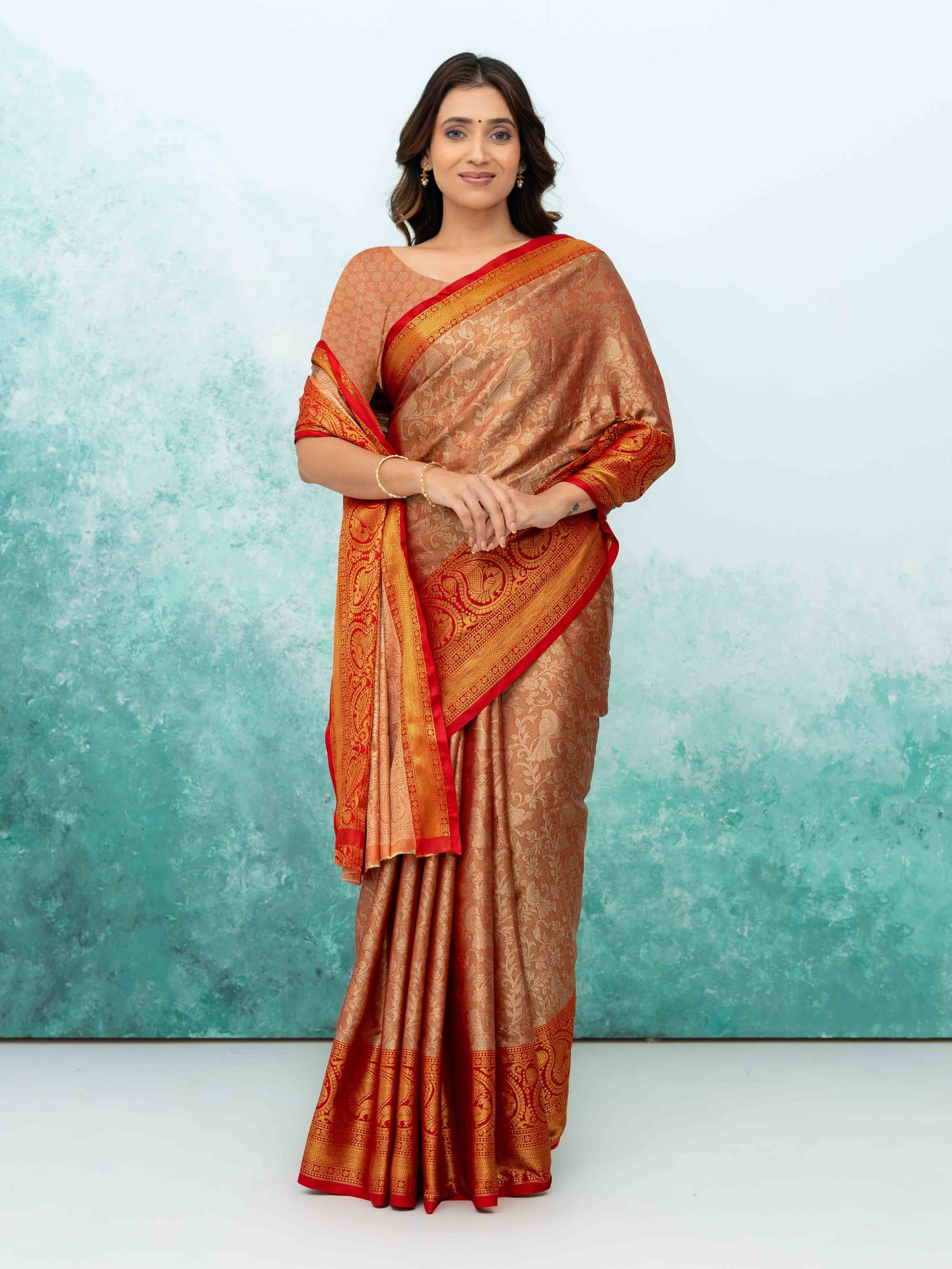 Light Orange &amp; Red Banarasi Lichi Silk Saree
