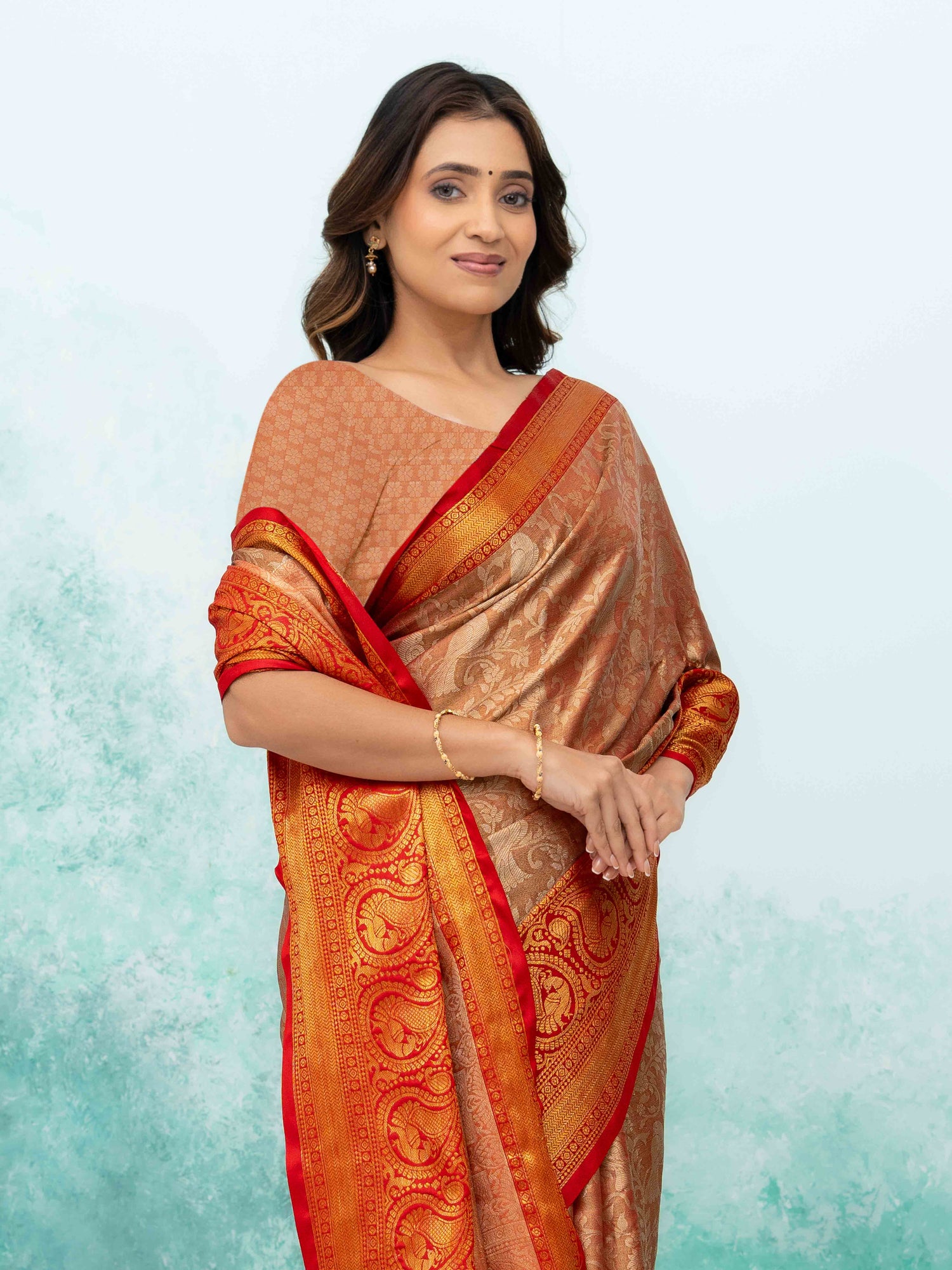 Light Orange &amp; Red Banarasi Lichi Silk Saree