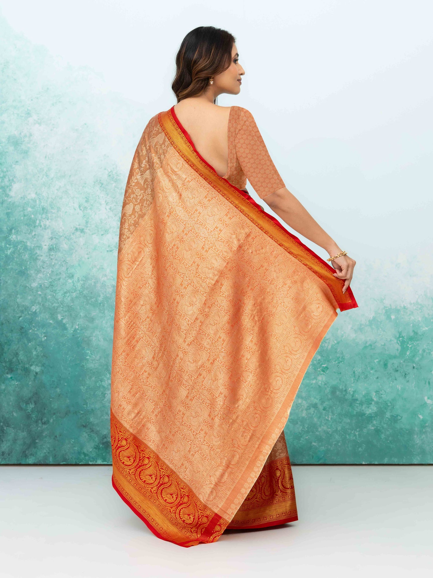 Light Orange &amp; Red Banarasi Lichi Silk Saree
