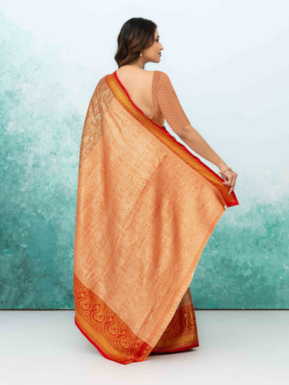 Light Orange &amp; Red Banarasi Lichi Silk Saree