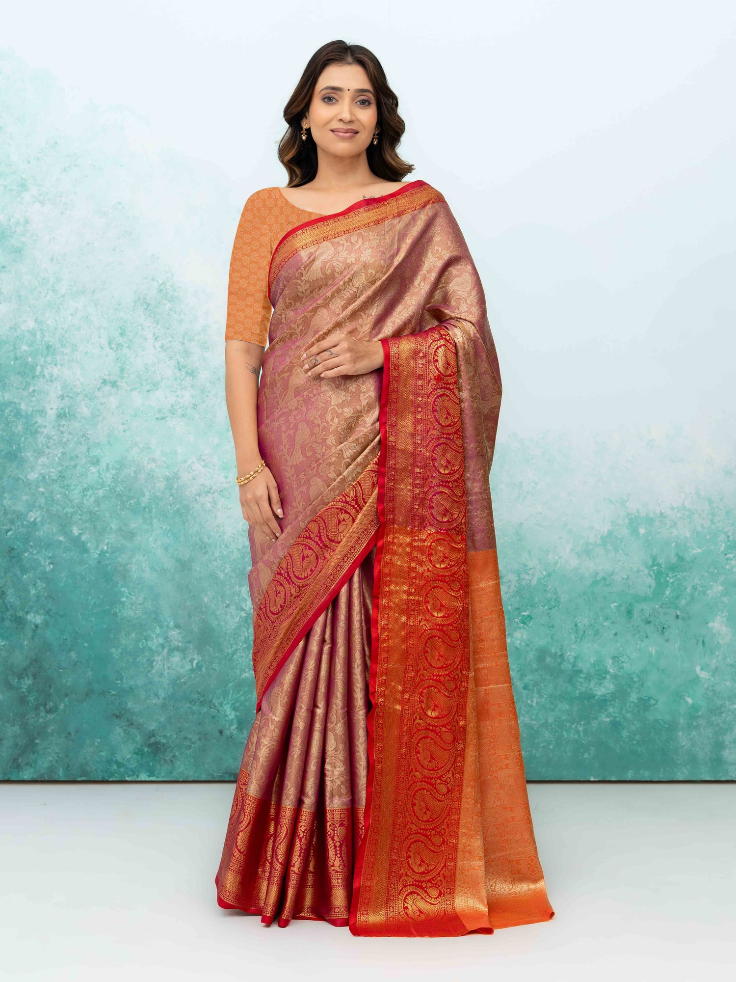 Pink &amp; Red Banarasi Lichi Silk Saree